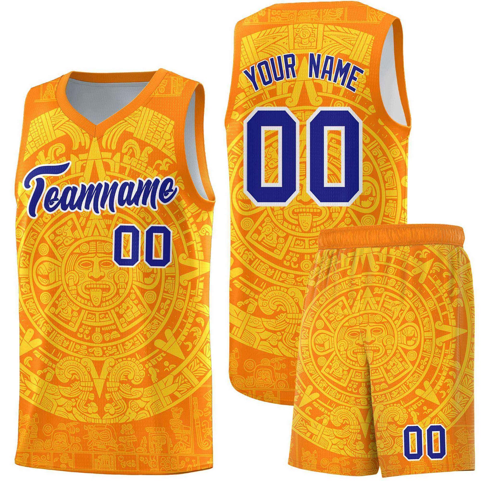 Custom Youth Basketball Jerseys Gold Aztec Sun Stone Design Team Uniform