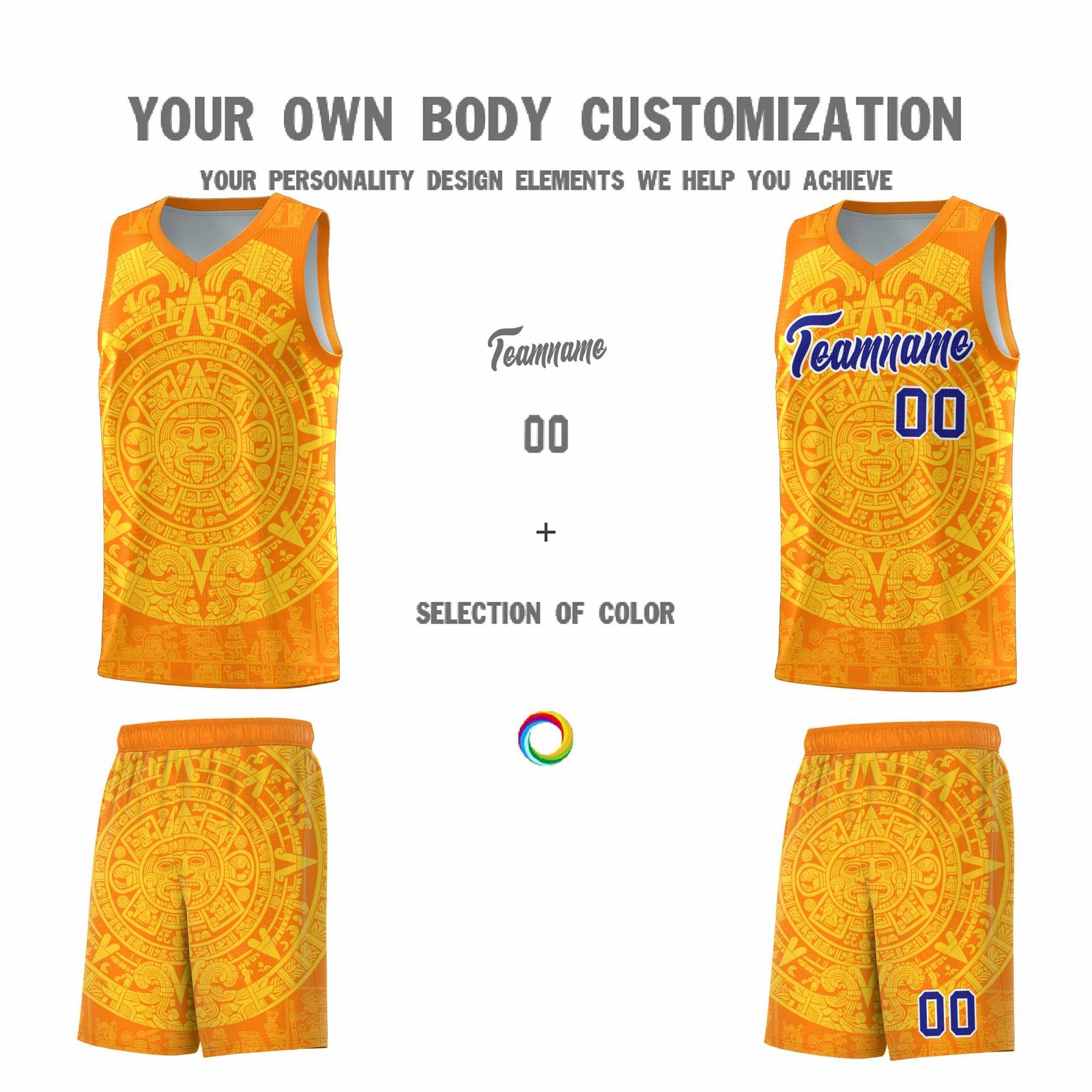 Custom Youth Basketball Jerseys Gold Aztec Sun Stone Design Team Uniform