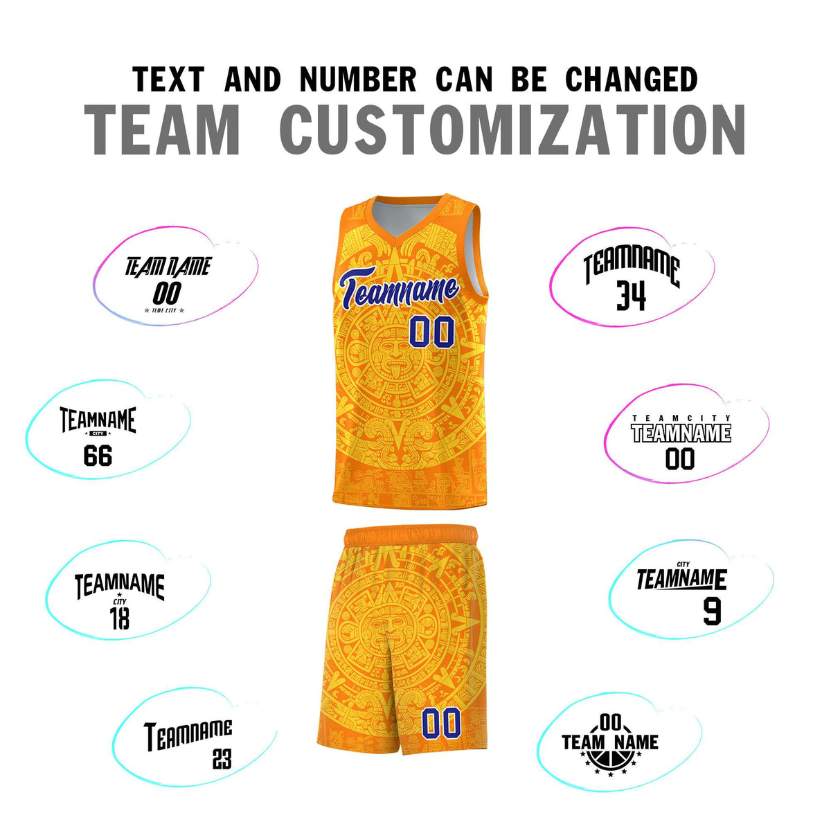 Custom Youth Basketball Jerseys Gold Aztec Sun Stone Design Team Uniform