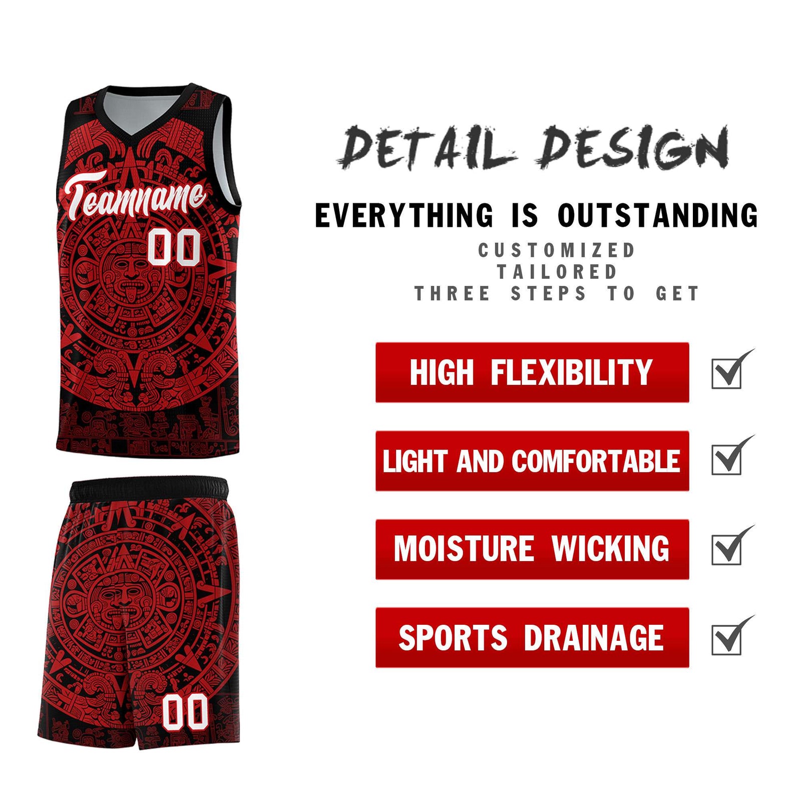 Custom Youth Basketball Jerseys Red Aztec Sun Stone Pattern Custom Team Set