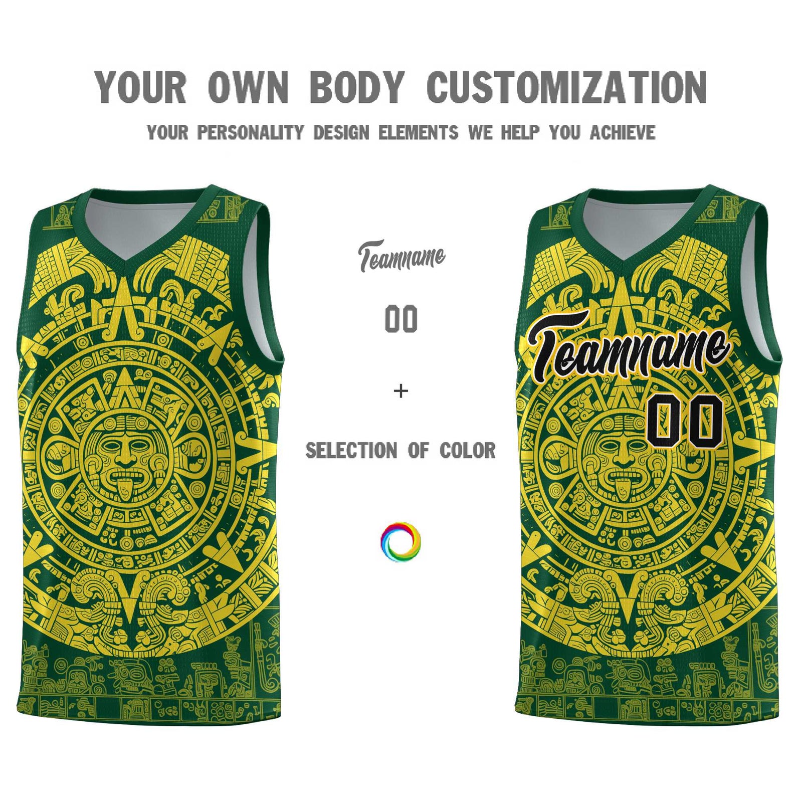 Custom Youth Basketball Jerseys Gold Aztec Sun Stone Personalized Uniform