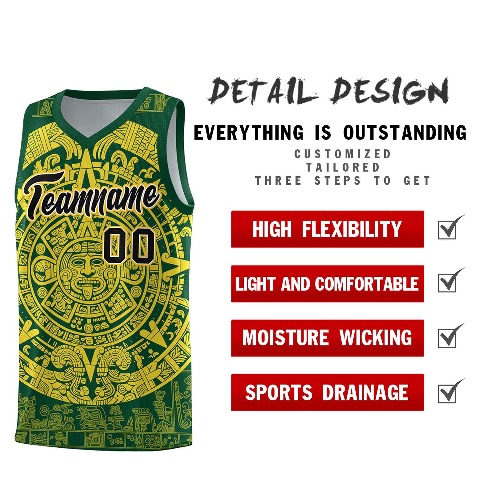 Custom Youth Basketball Jerseys Gold Aztec Sun Stone Personalized Uniform