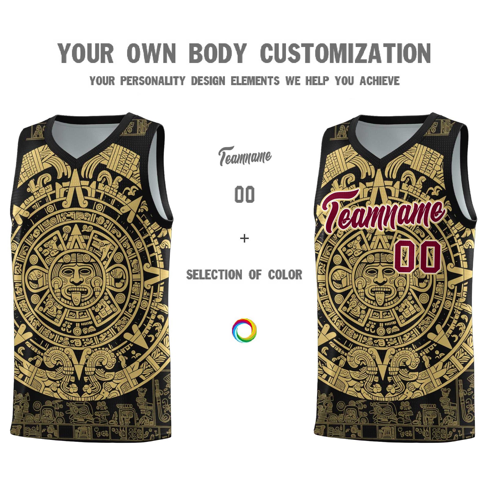Custom Youth Basketball Jerseys Old Gold Aztec Sun Stone Pattern Custom Team Set