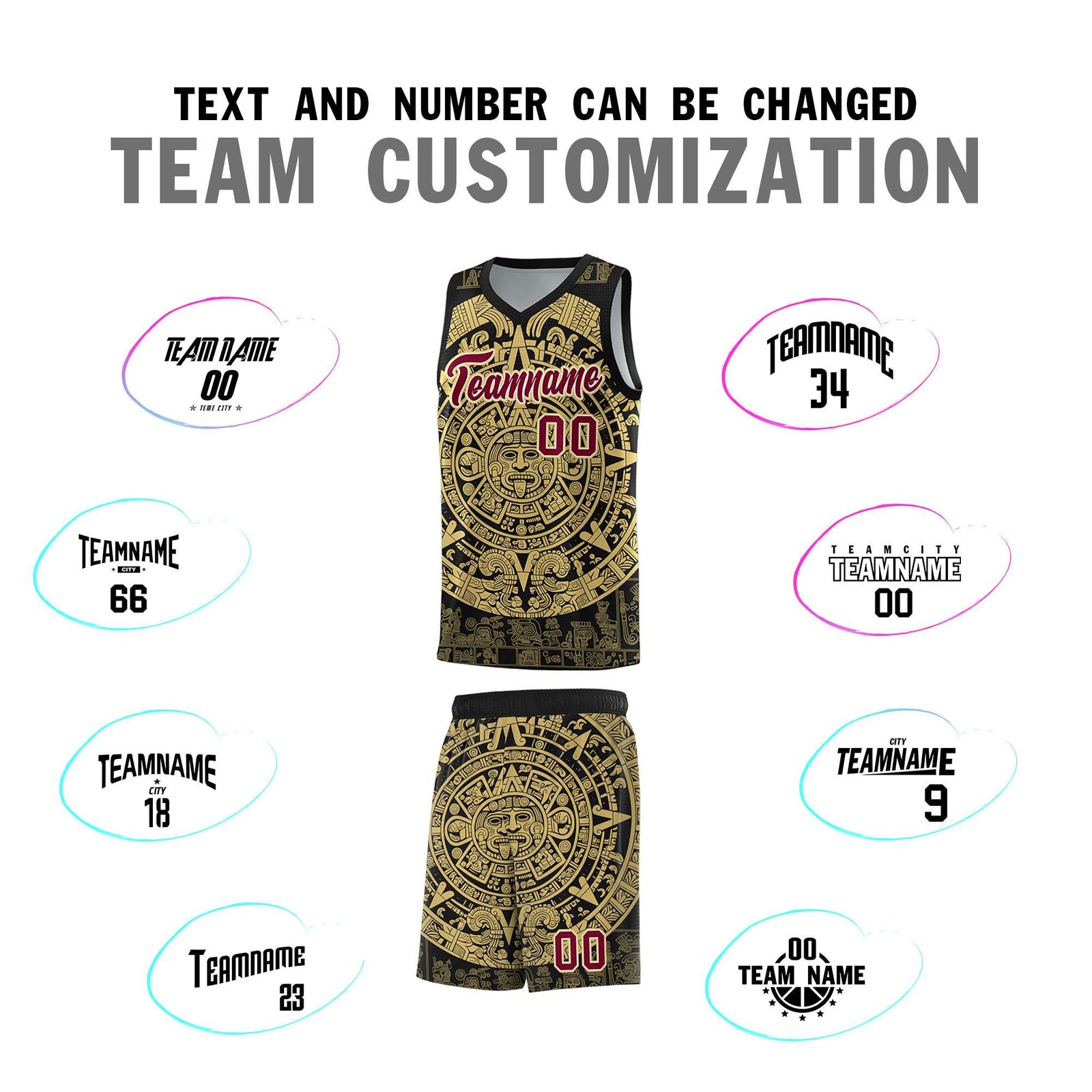 Custom Youth Basketball Jerseys Old Gold Aztec Sun Stone Pattern Custom Team Set