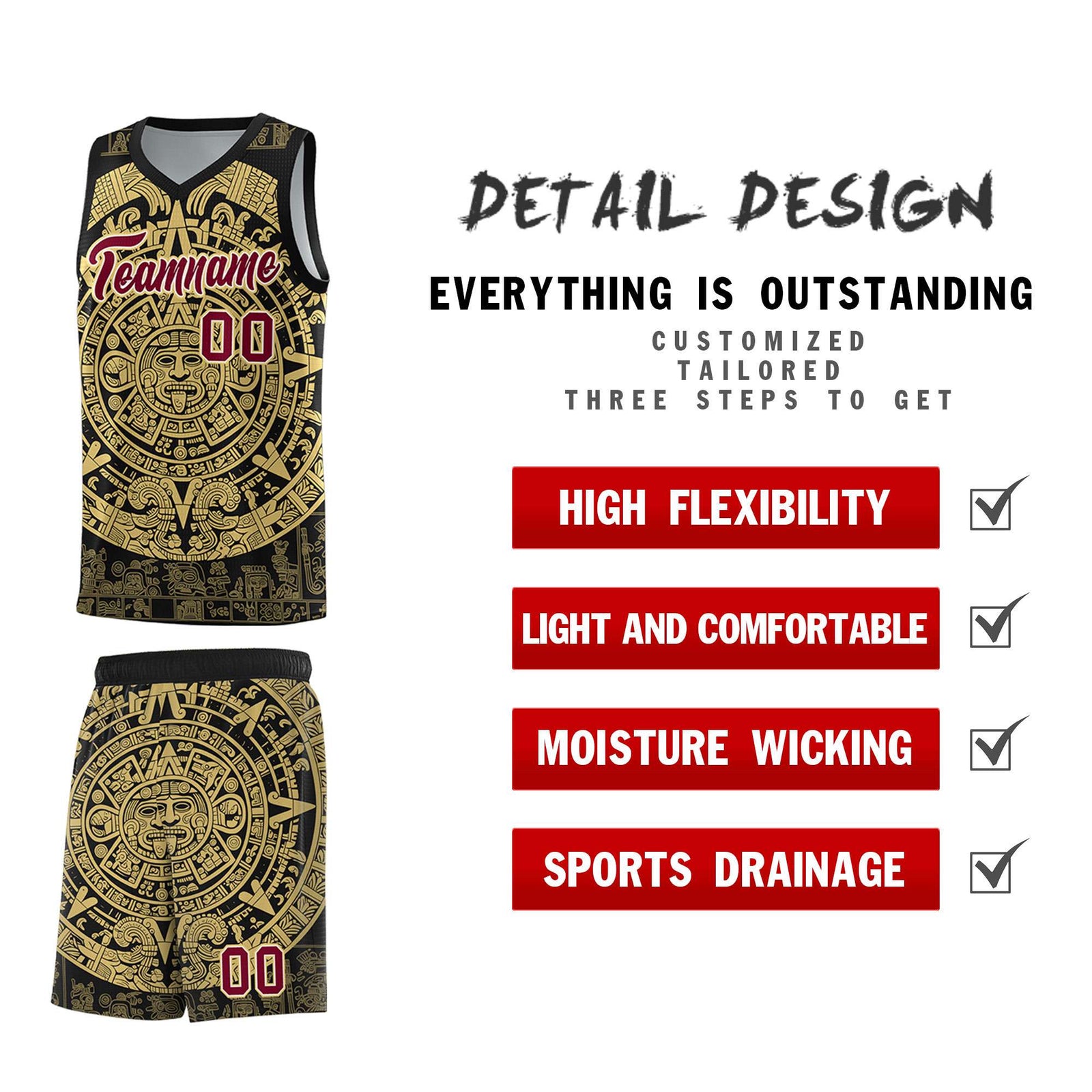Custom Youth Basketball Jerseys Old Gold Aztec Sun Stone Pattern Custom Team Set