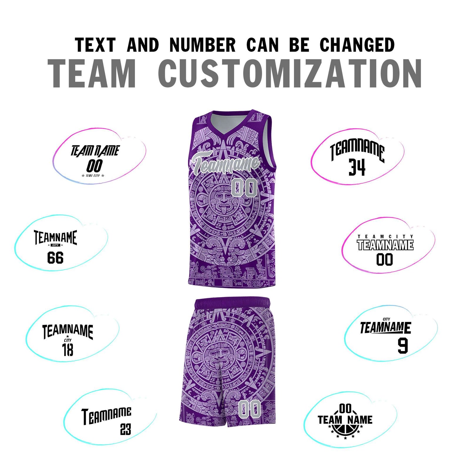 Custom Youth Basketball Jerseys Light Purple Aztec Sun Stone Pattern Custom Team Set
