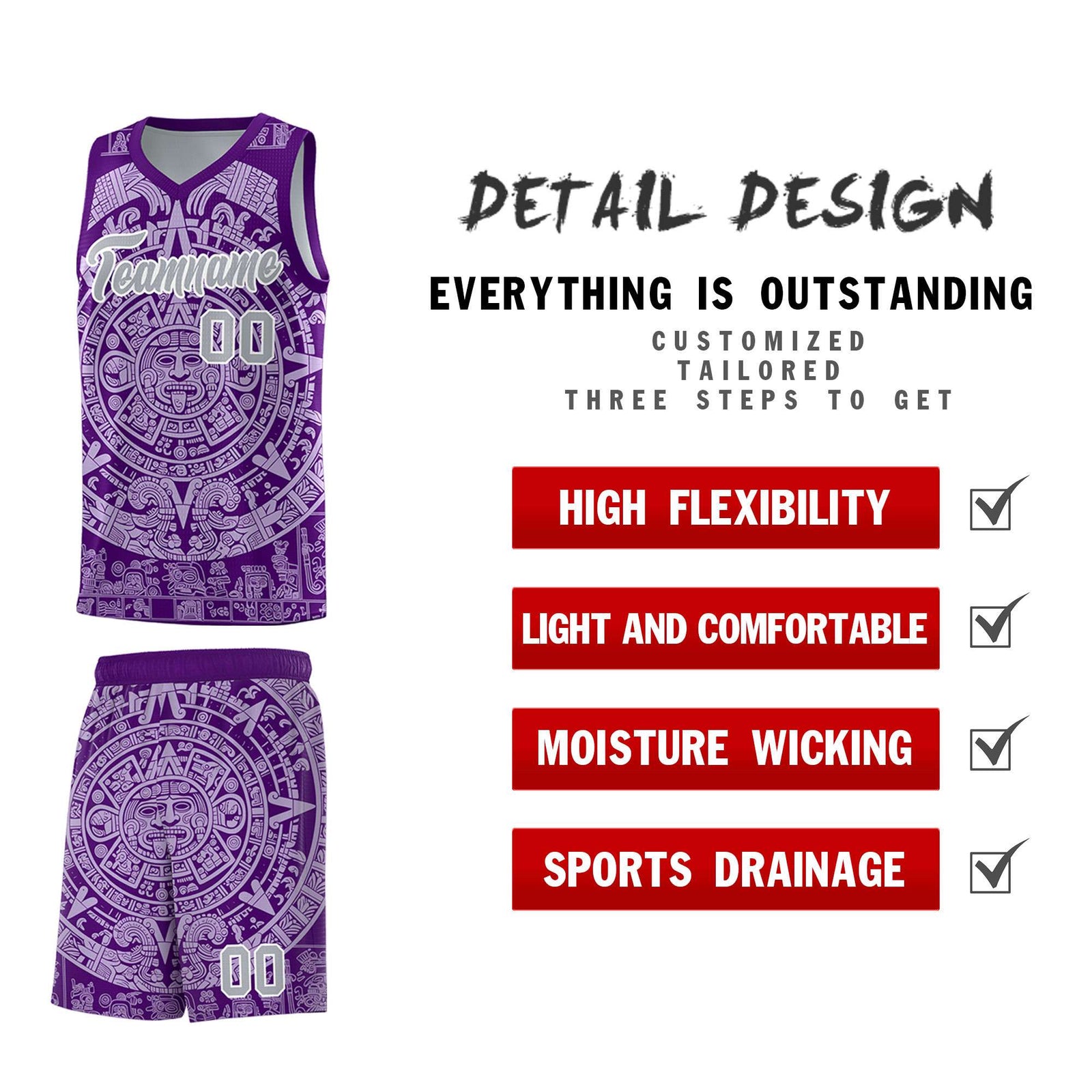 Custom Youth Basketball Jerseys Light Purple Aztec Sun Stone Pattern Custom Team Set