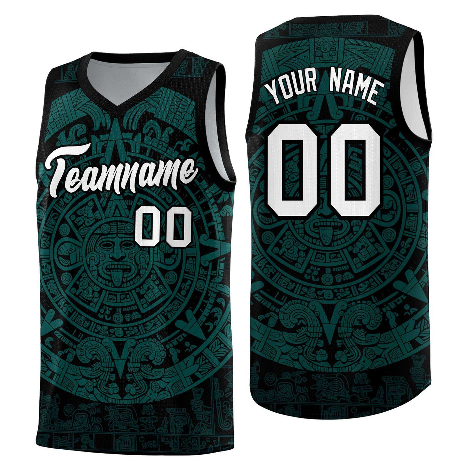 Custom Youth Basketball Jerseys Teal Aztec Sun Stone Design Team Uniform