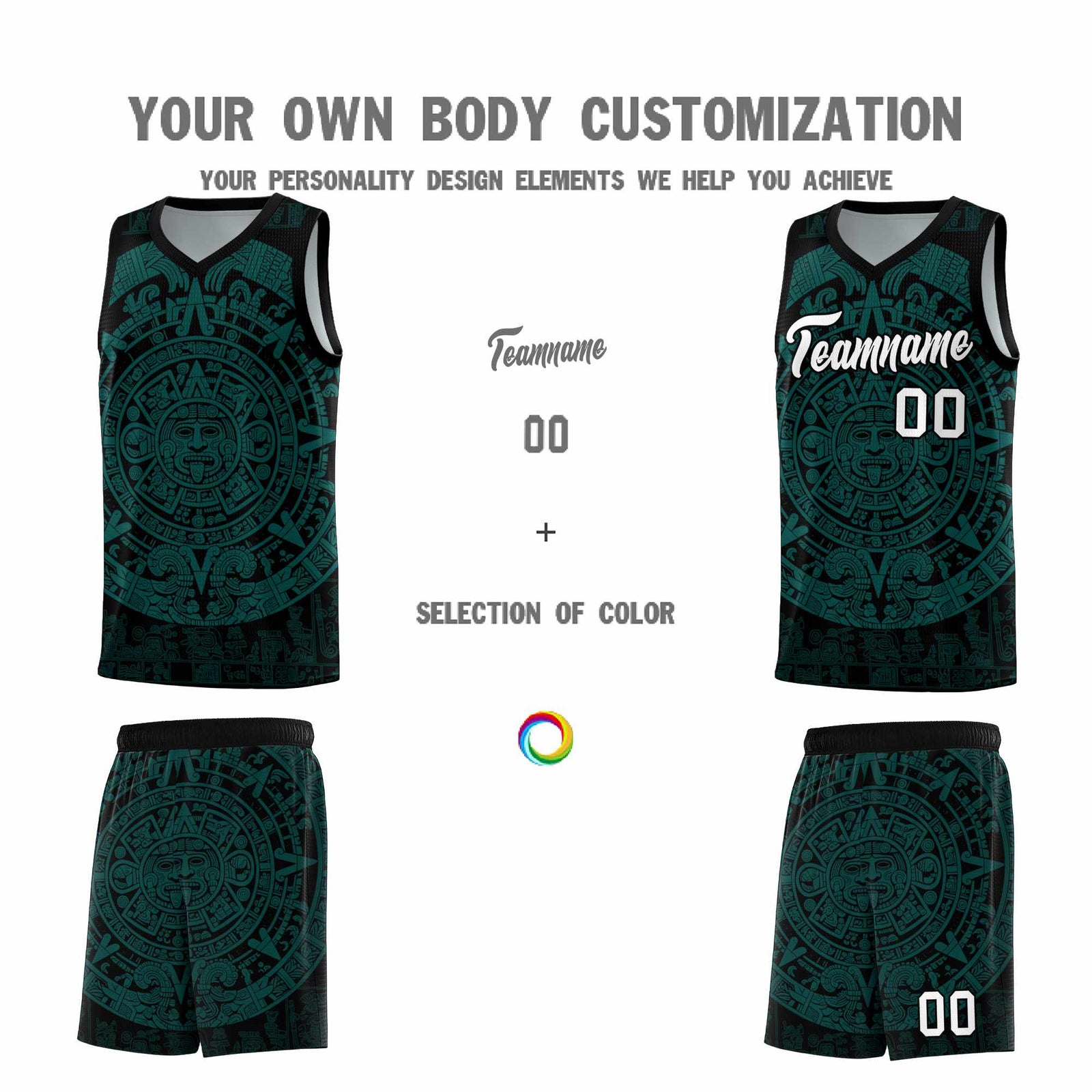 Custom Youth Basketball Jerseys Teal Aztec Sun Stone Design Team Uniform