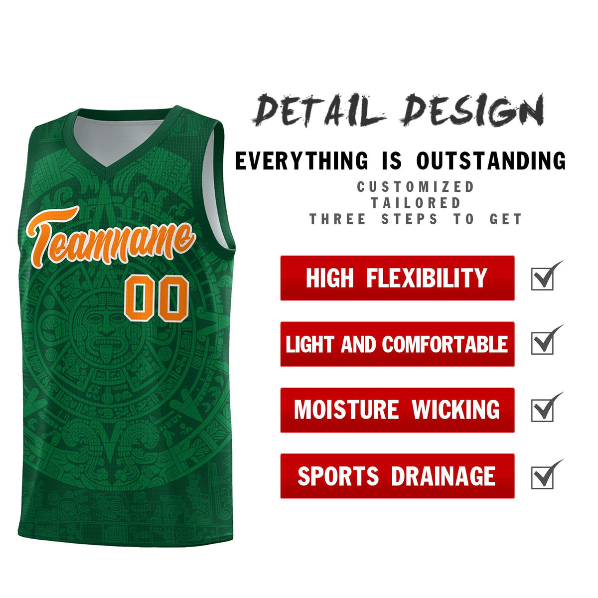 Custom Youth Basketball Jerseys Kelly Green Aztec Sun Stone Personalized Uniform