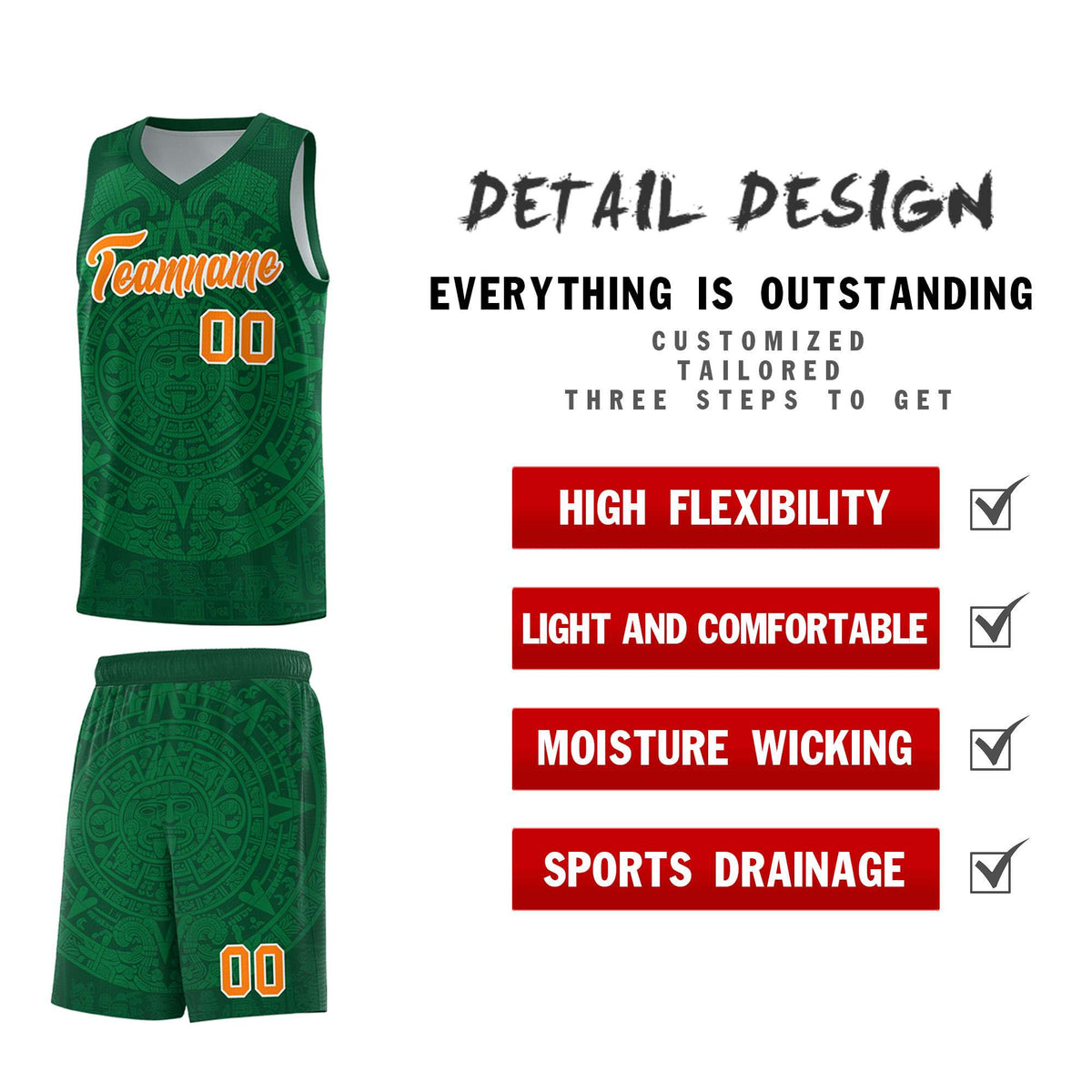 Custom Youth Basketball Jerseys Kelly Green Aztec Sun Stone Personalized Uniform