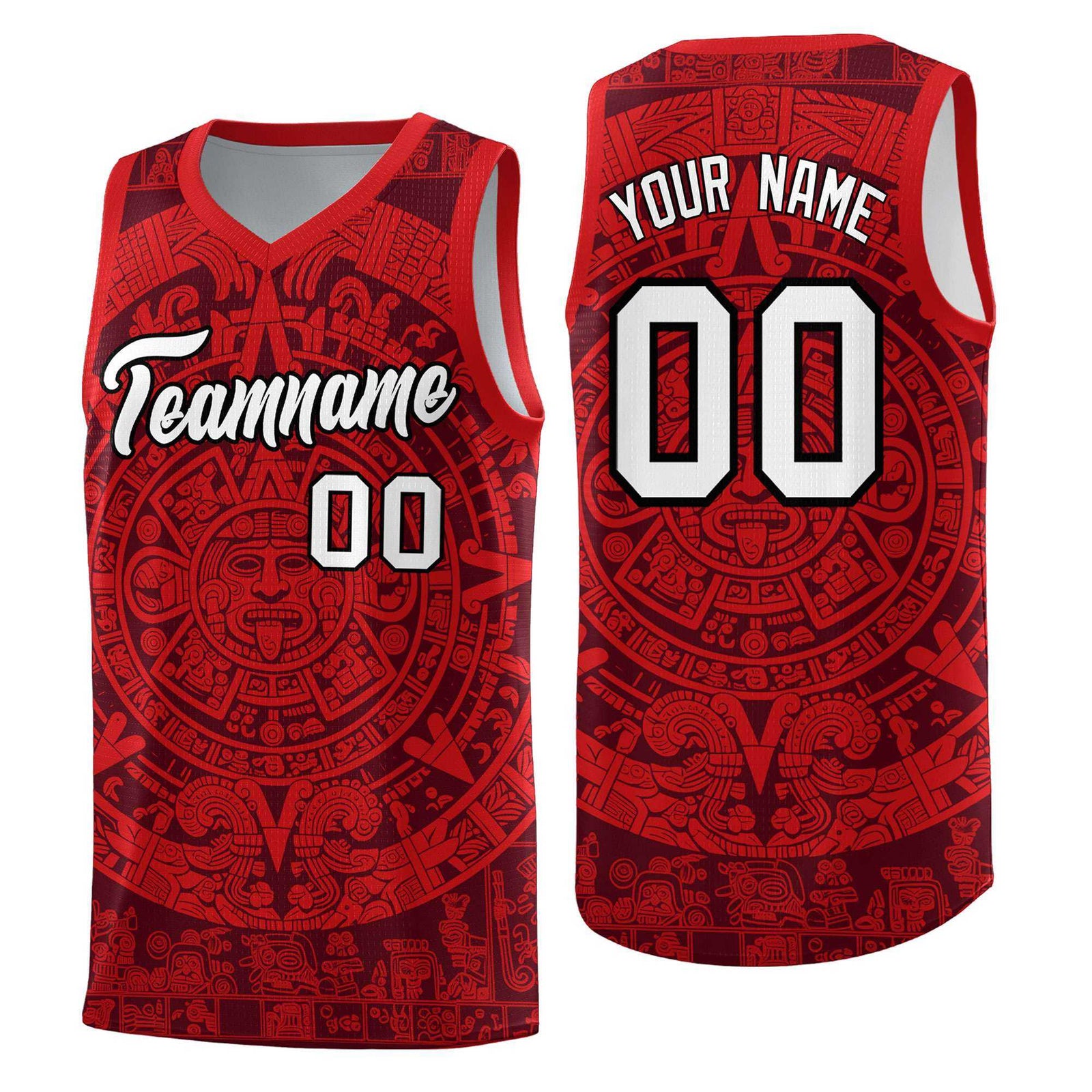 Custom Youth Basketball Jerseys Red Aztec Sun Stone Pattern Custom Team Set