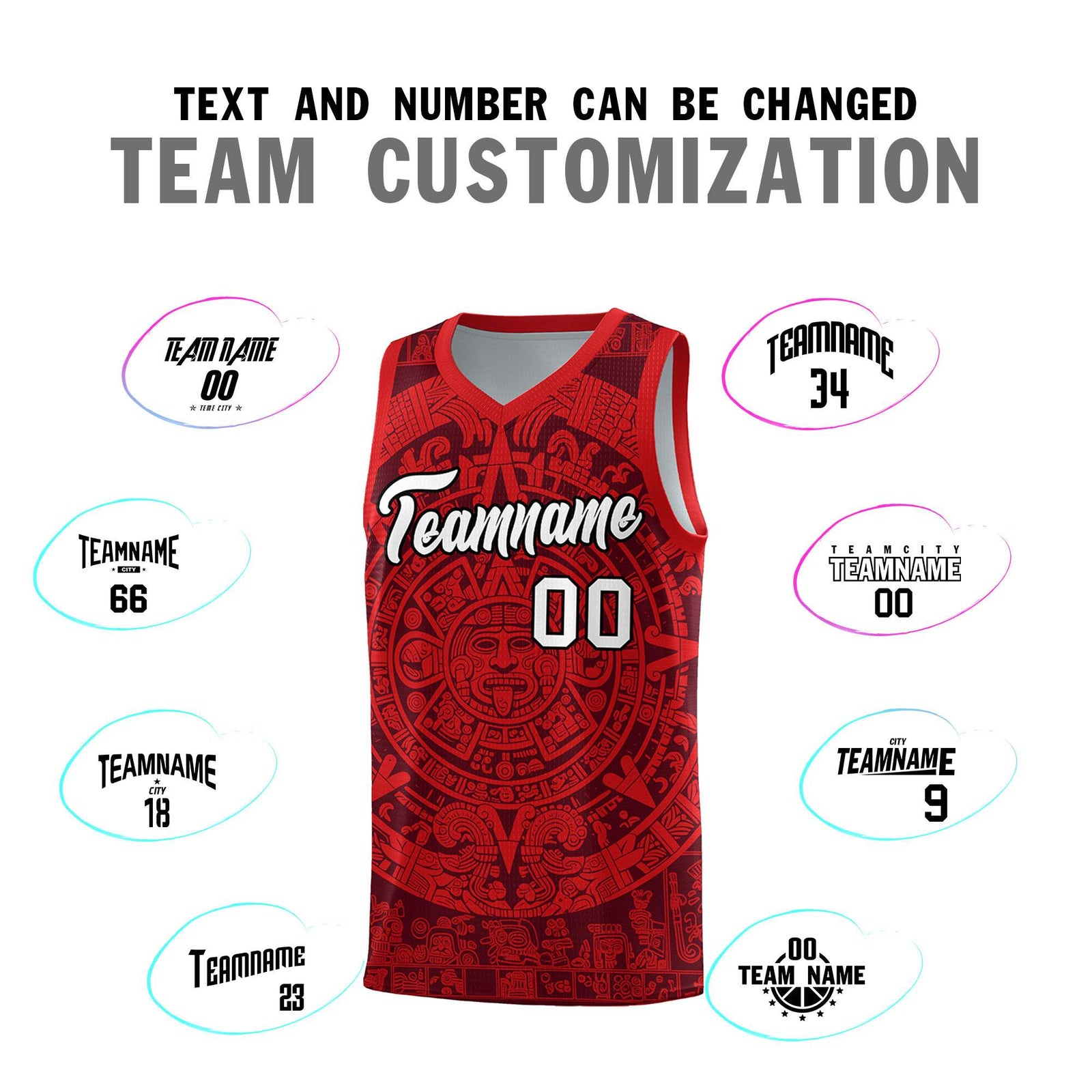 Custom Youth Basketball Jerseys Red Aztec Sun Stone Pattern Custom Team Set