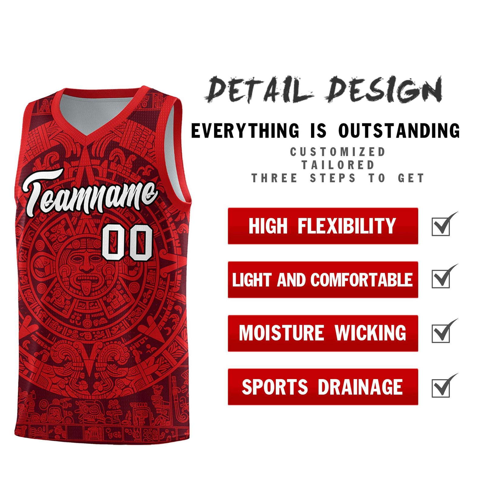 Custom Youth Basketball Jerseys Red Aztec Sun Stone Pattern Custom Team Set