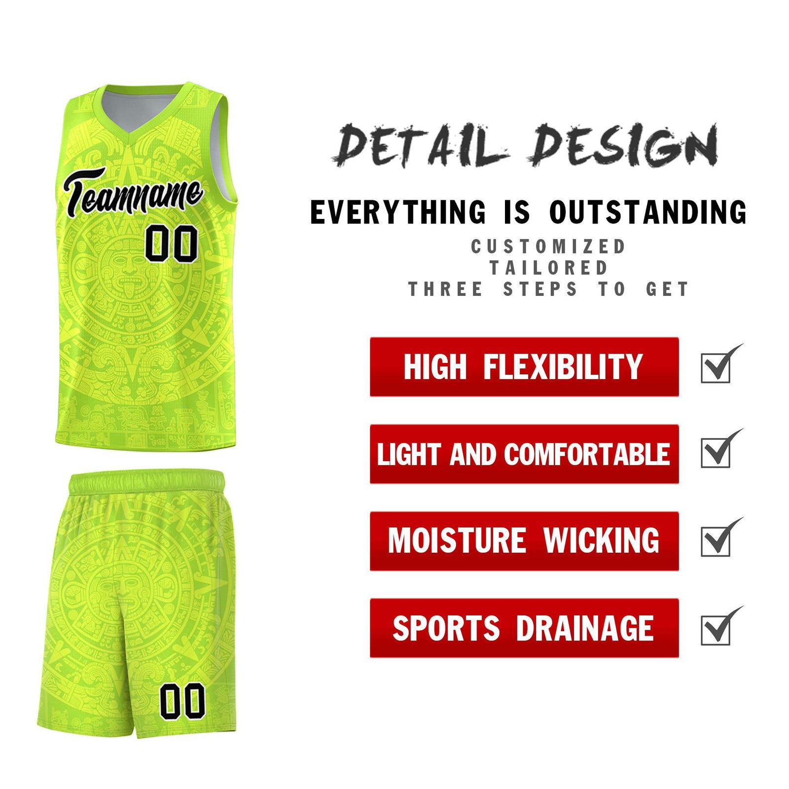 Custom Youth Basketball Jerseys Fluorescent Green Aztec Sun Stone Personalized Uniform