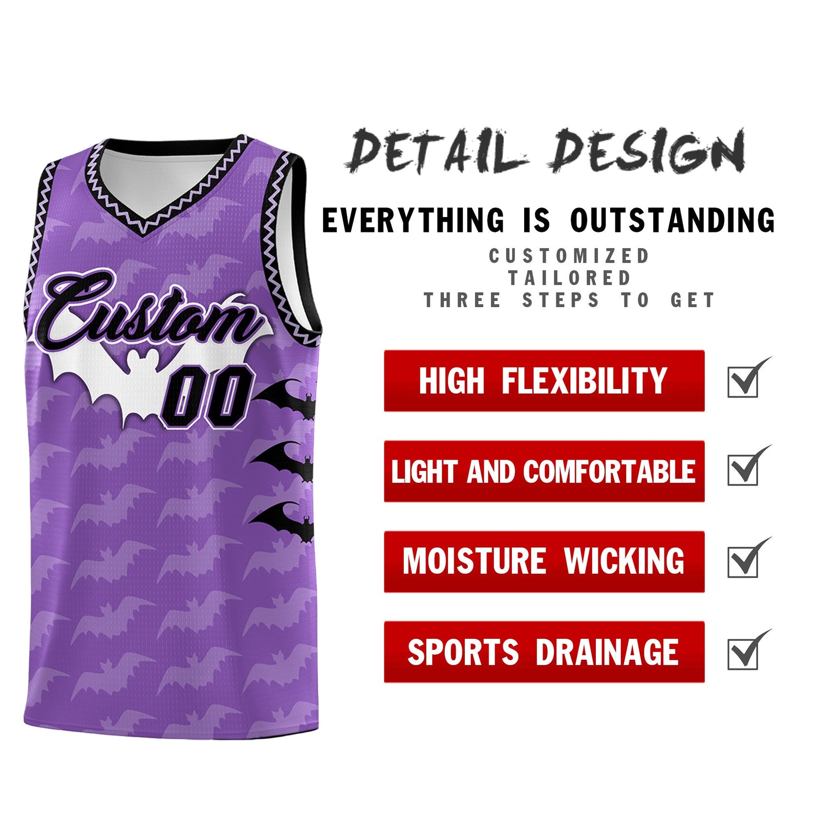Custom Light Purple Bat Pattern Halloween Basketball Jersey | For Men,For Kid,For Youth,Sublimation Printed,Perfect for Training,Perfect for Parties,Add Name and Numbern | KXKSHOP