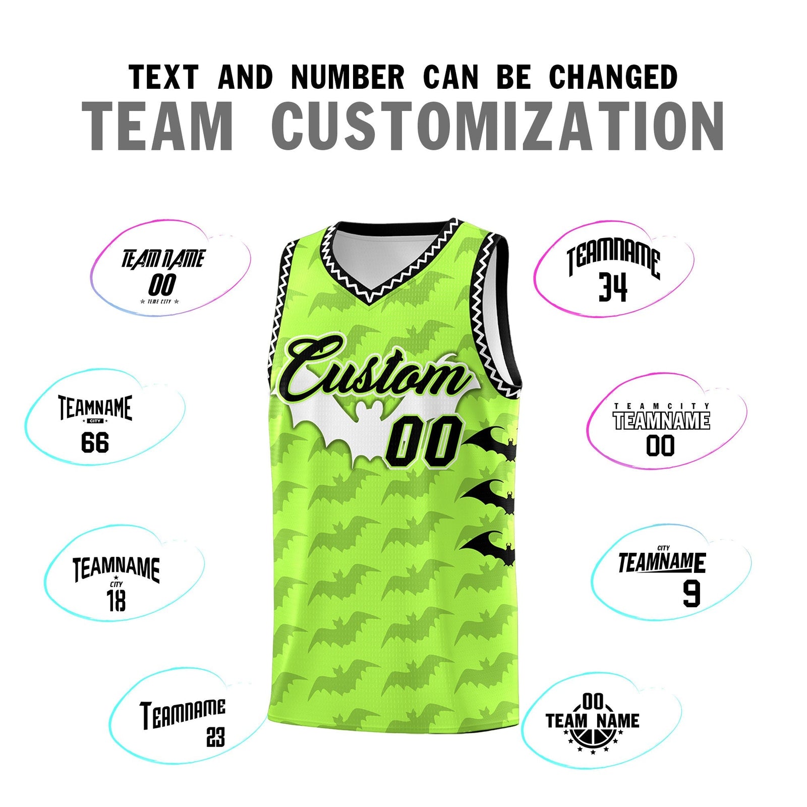 Custom Fluorescent Green White Bat Pattern Halloween Basketball Jersey | For Men,For Kid,For Youth,Sublimation Printed,Perfect for Training,Perfect for Parties,Add Name and Numbern | KXKSHOP