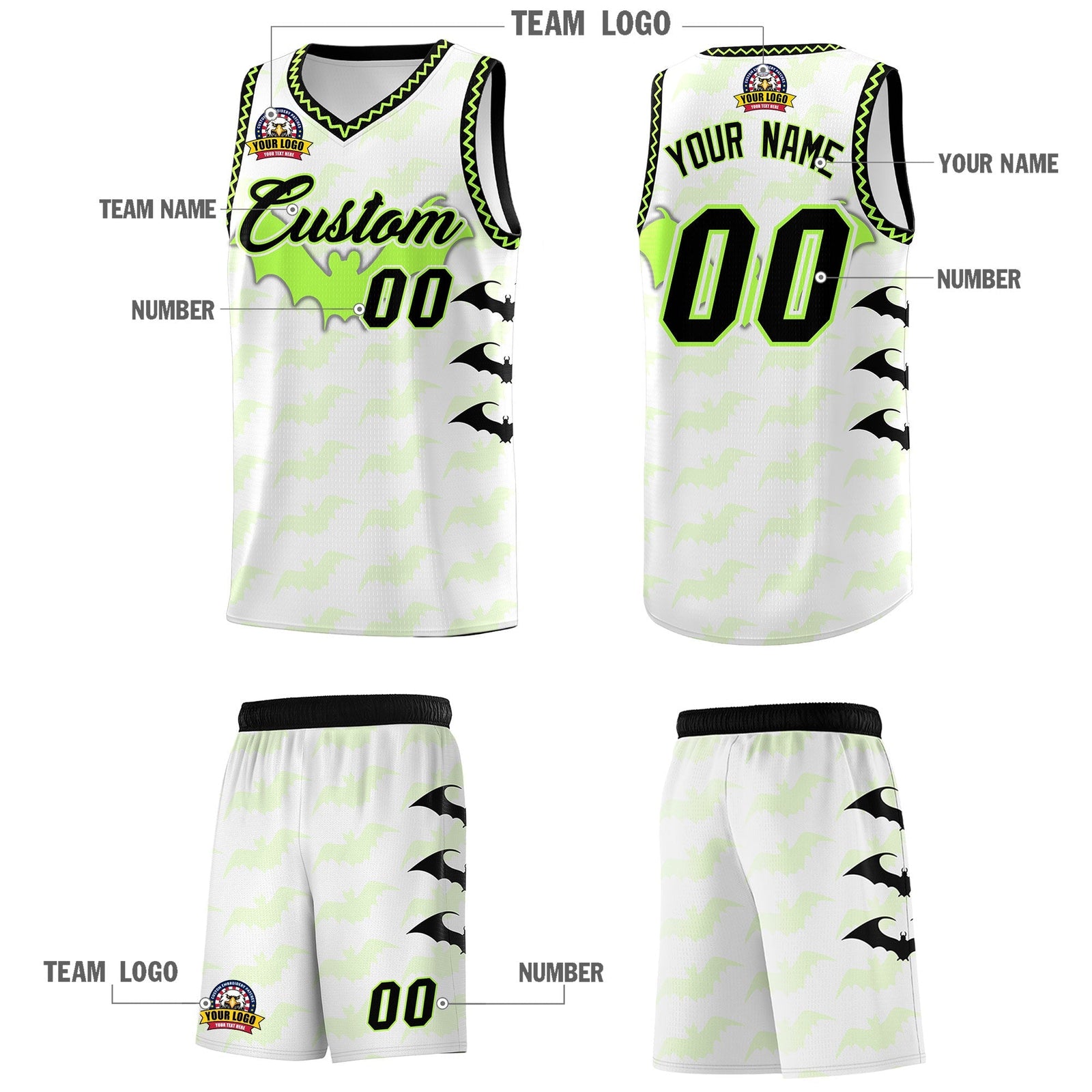 Custom White Fluorescent Green Black Bat Pattern Halloween Basketball Jersey | For Men,For Kid,For Youth,Sublimation Printed,Perfect for Training,Perfect for Parties,Add Name and Numbern | KXKSHOP