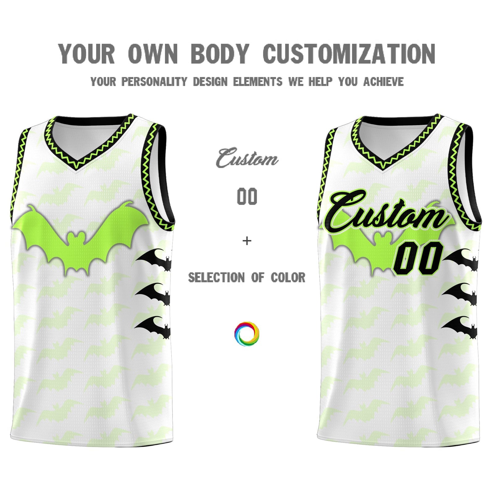 Custom White Fluorescent Green Black Bat Pattern Halloween Basketball Jersey | For Men,For Kid,For Youth,Sublimation Printed,Perfect for Training,Perfect for Parties,Add Name and Numbern | KXKSHOP