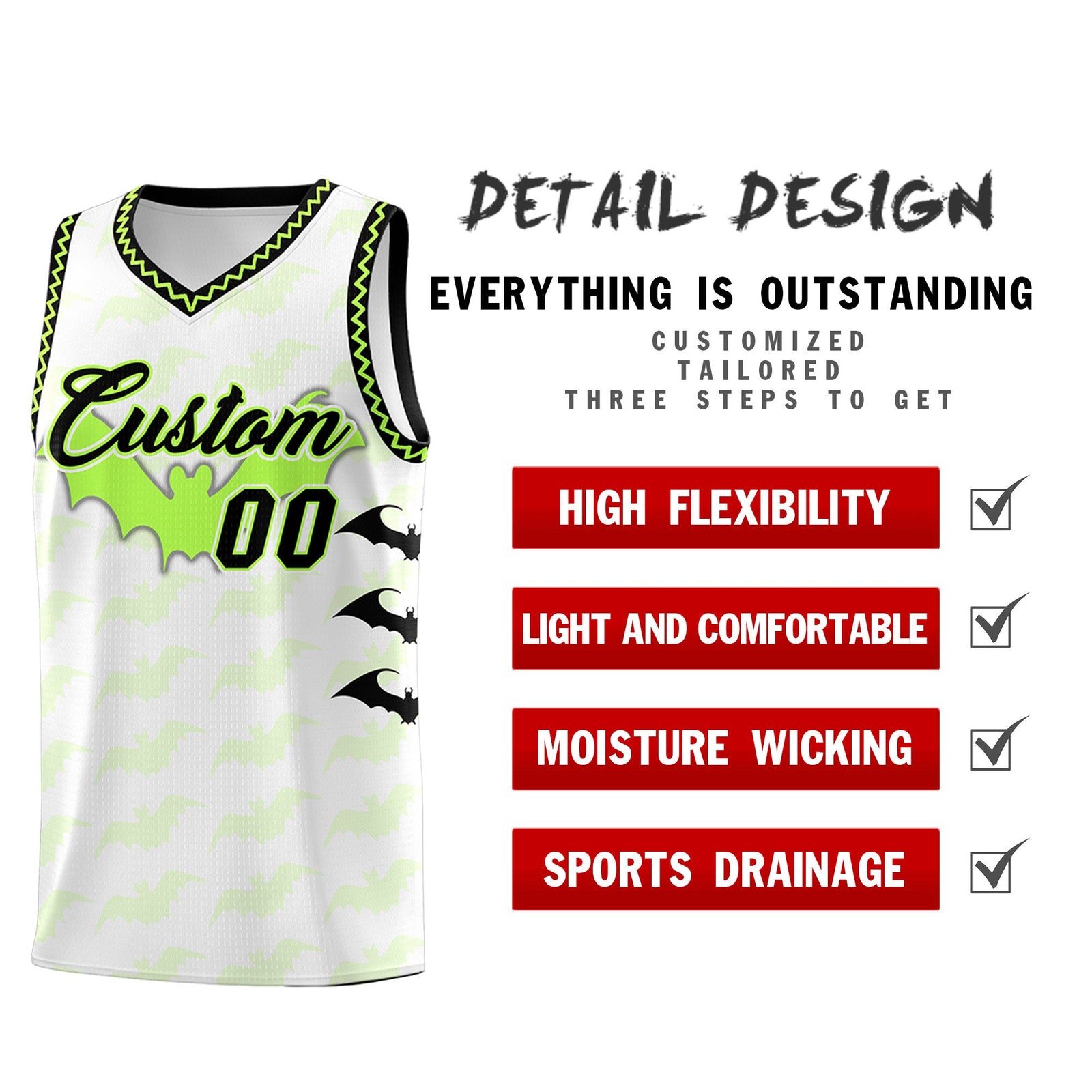 Custom White Fluorescent Green Black Bat Pattern Halloween Basketball Jersey | For Men,For Kid,For Youth,Sublimation Printed,Perfect for Training,Perfect for Parties,Add Name and Numbern | KXKSHOP