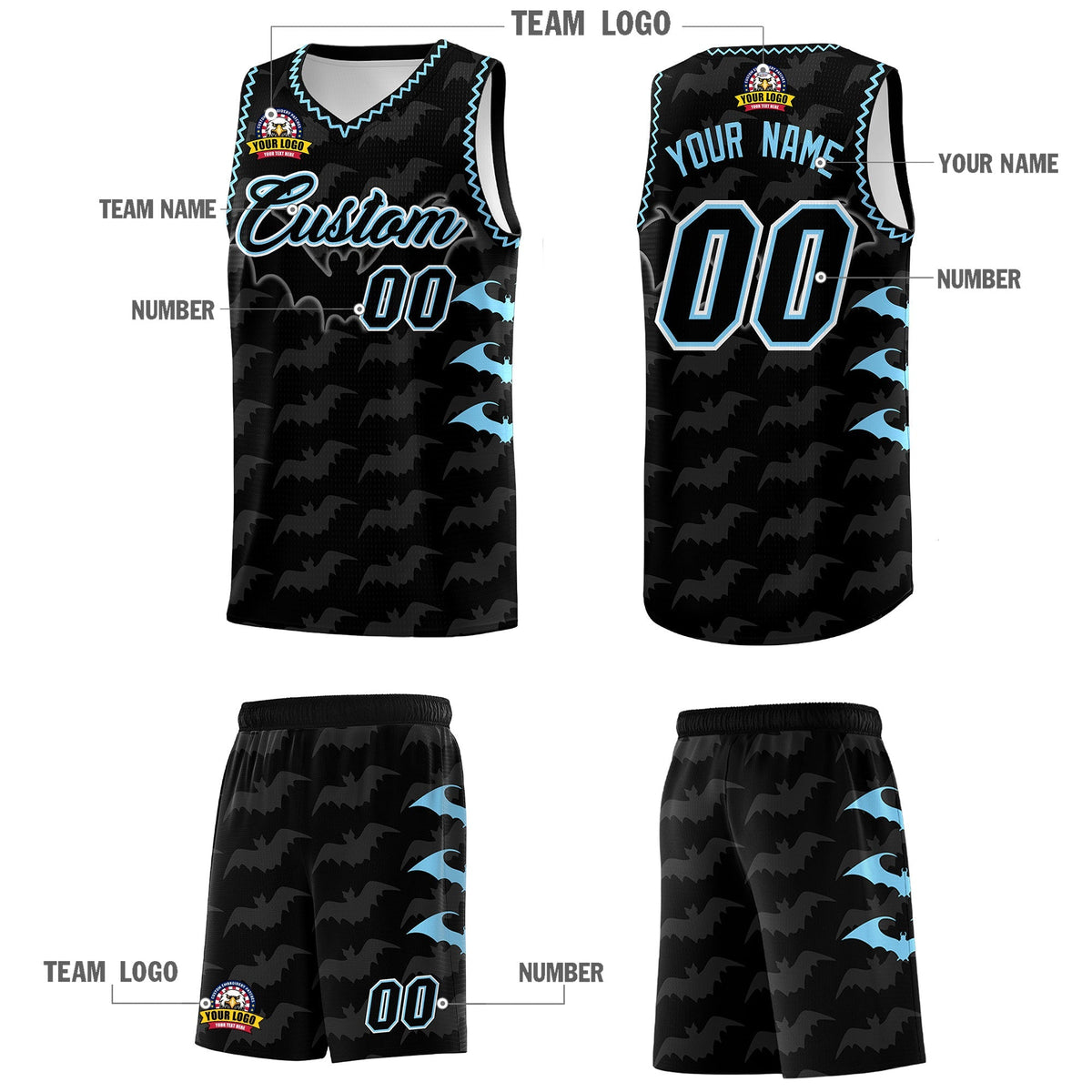 Custom Black Light Blue Bat Pattern Halloween Basketball Jersey | For Men,For Kid,For Youth,Sublimation Printed,Perfect for Training,Perfect for Parties,Add Name and Numbern | KXKSHOP
