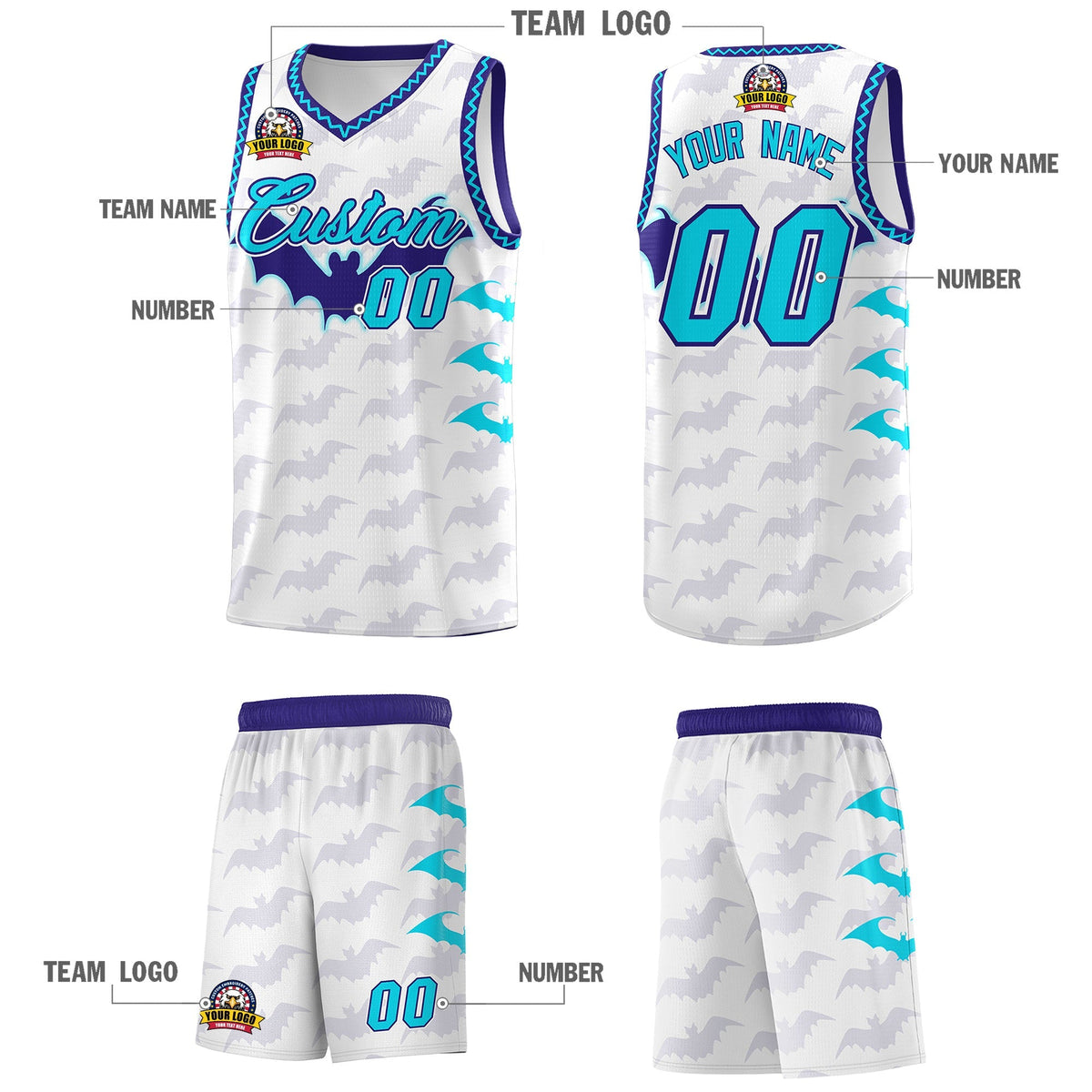 Custom White Sky Blue Bat Pattern Halloween Basketball Jersey | For Men,For Kid,For Youth,Sublimation Printed,Perfect for Training,Perfect for Parties,Add Name and Numbern | KXKSHOP