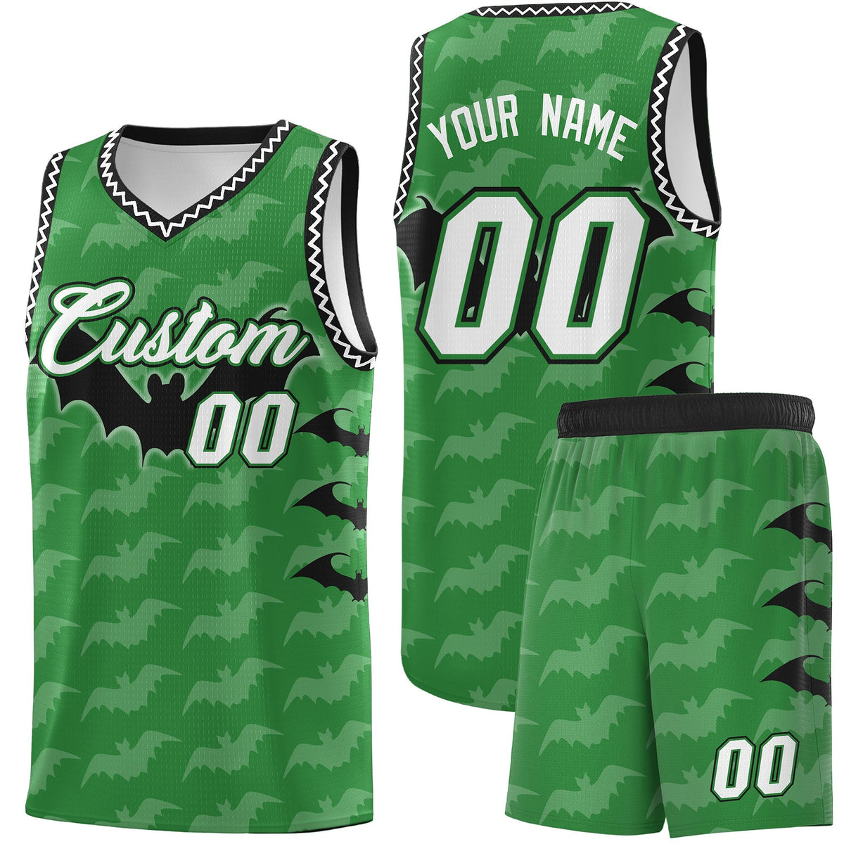 Custom Kelly Green White Black Bat Pattern Halloween Basketball Jersey | For Men,For Kid,For Youth,Sublimation Printed,Perfect for Training,Perfect for Parties,Add Name and Numbern | KXKSHOP