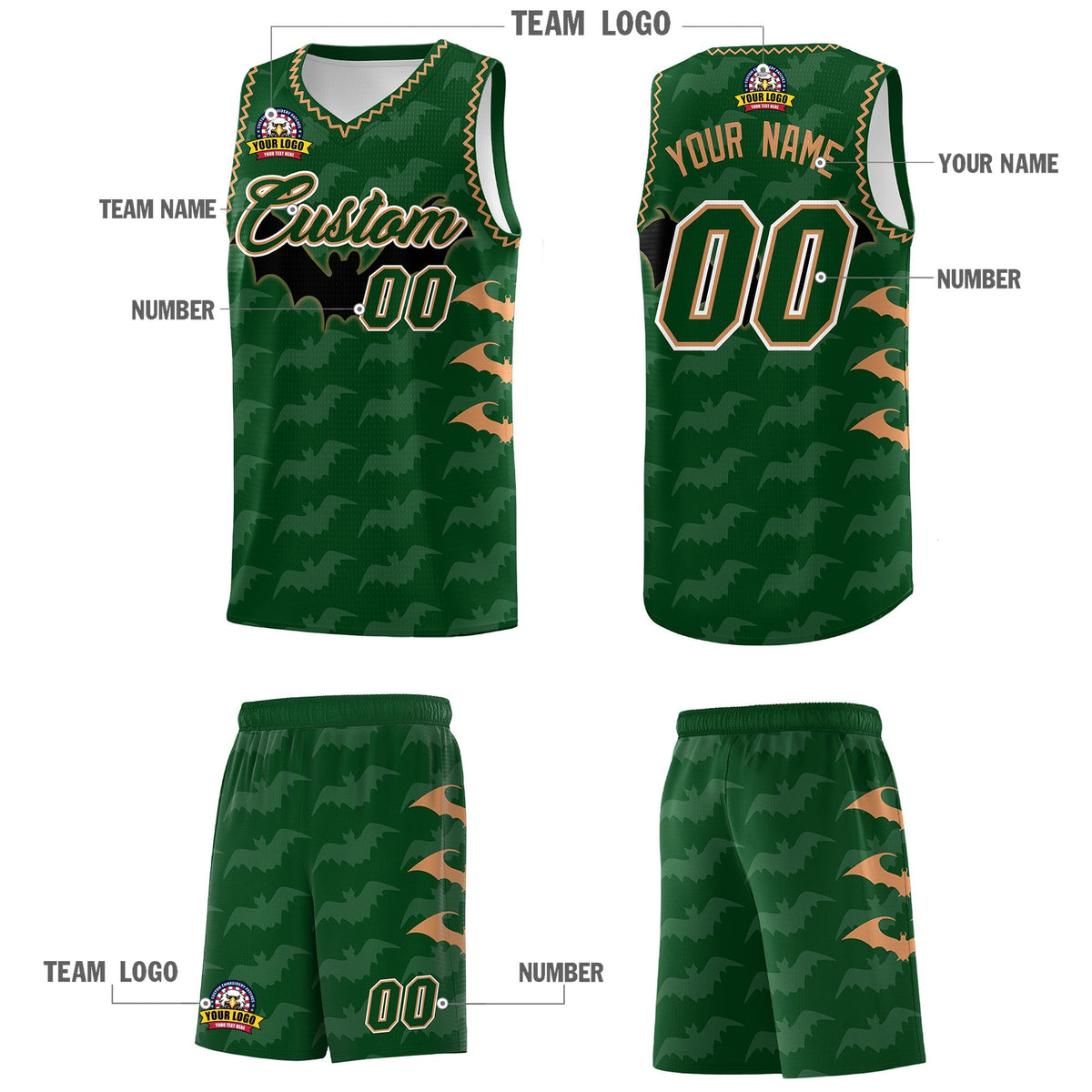 Custom Green Buckskin Brown Bat Pattern Halloween Basketball Jersey | For Men,For Kid,For Youth,Sublimation Printed,Perfect for Training,Perfect for Parties,Add Name and Numbern | KXKSHOP