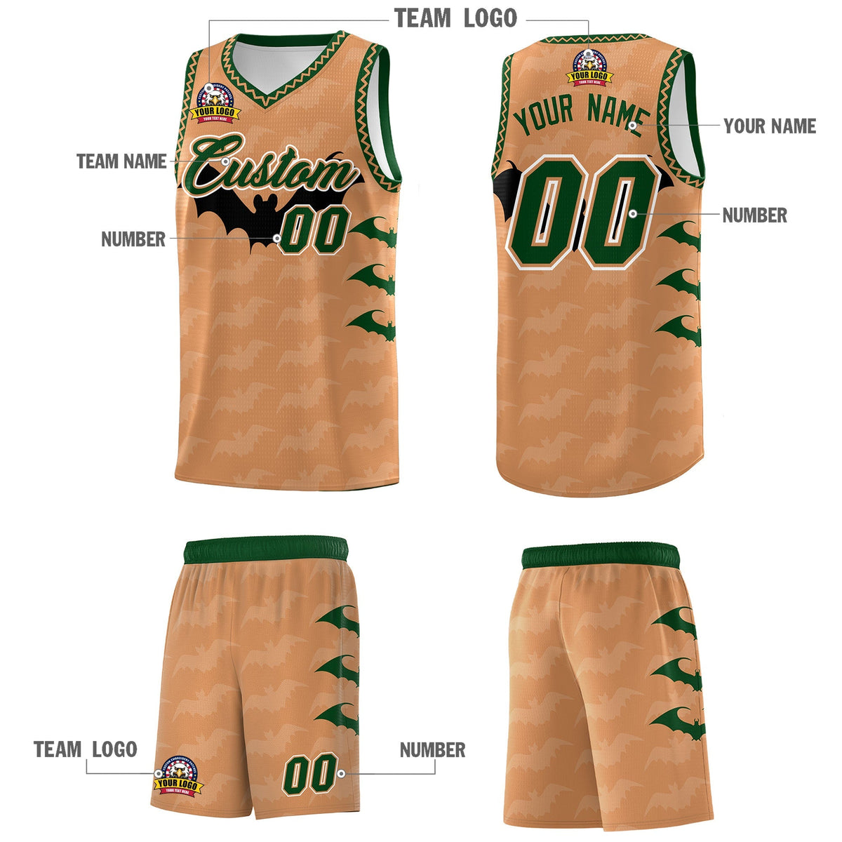 Custom Buckskin Brown Bat Pattern Halloween Basketball Jersey | For Men,For Kid,For Youth,Sublimation Printed,Perfect for Training,Perfect for Parties,Add Name and Numbern | KXKSHOP