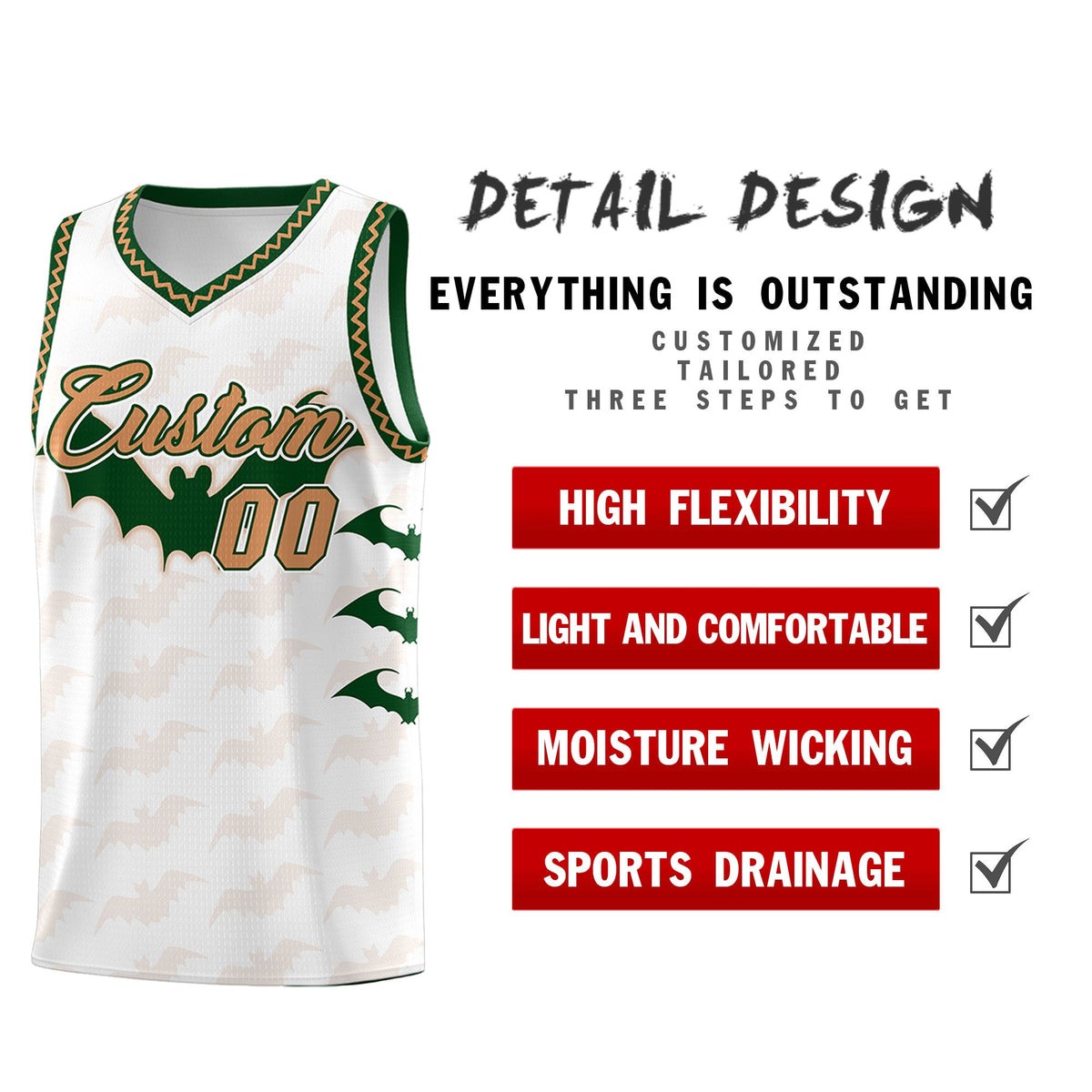 Custom White Buckskin Brown Bat Pattern Halloween Basketball Jersey | For Men,For Kid,For Youth,Sublimation Printed,Perfect for Training,Perfect for Parties,Add Name and Numbern | KXKSHOP