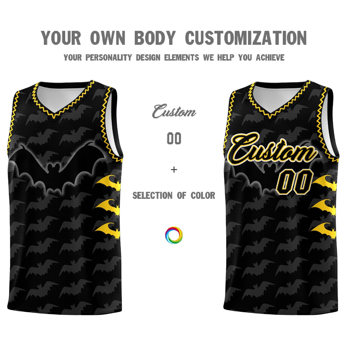 Custom Black Gold Bat Pattern Halloween Basketball Jersey | For Men,For Kid,For Youth,Sublimation Printed,Perfect for Training,Perfect for Parties,Add Name and Numbern | KXKSHOP