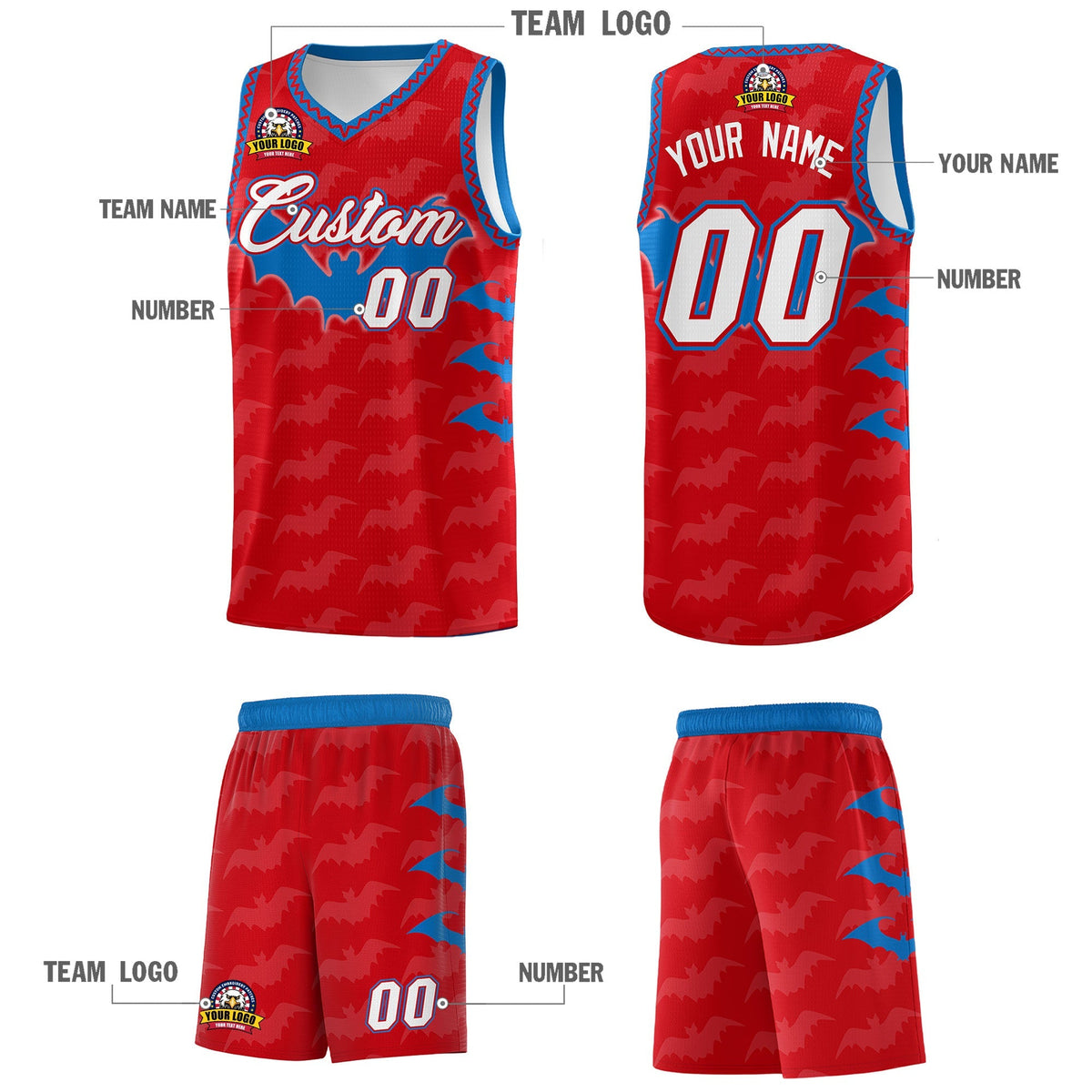 Custom Red Royal White Bat Pattern Halloween Basketball Jersey | For Men,For Kid,For Youth,Sublimation Printed,Perfect for Training,Perfect for Parties,Add Name and Numbern | KXKSHOP
