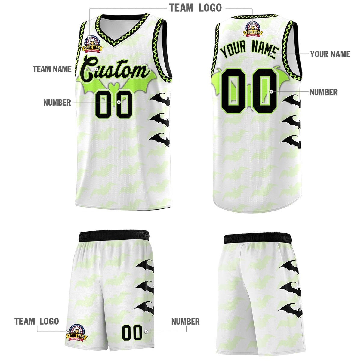 Custom White Fluorescent Green Black Bat Pattern Halloween Basketball Jersey | For Men,For Kid,For Youth,Sublimation Printed,Perfect for Training,Perfect for Parties,Add Name and Numbern | KXKSHOP