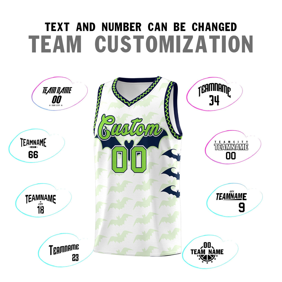 Custom White Fluorescent Green Navy Bat Pattern Halloween Basketball Jersey | For Men,For Kid,For Youth,Sublimation Printed,Perfect for Training,Perfect for Parties,Add Name and Numbern | KXKSHOP