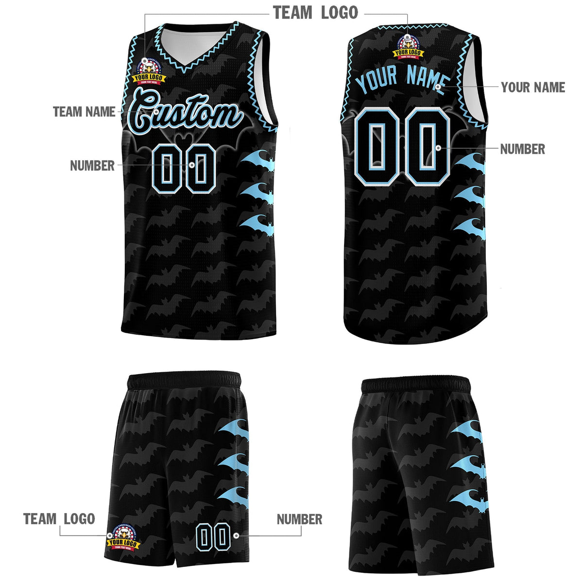 Custom Black Light Blue Bat Pattern Halloween Basketball Jersey | For Men,For Kid,For Youth,Sublimation Printed,Perfect for Training,Perfect for Parties,Add Name and Numbern | KXKSHOP