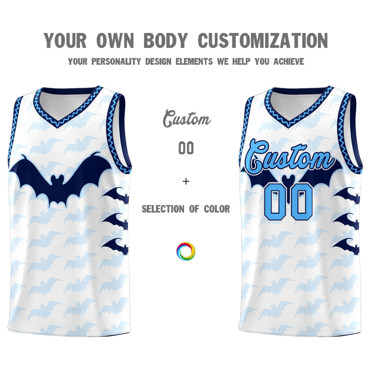 Custom White Powder Blue Bat Pattern Halloween Basketball Jersey | For Men,For Kid,For Youth,Sublimation Printed,Perfect for Training,Perfect for Parties,Add Name and Numbern | KXKSHOP