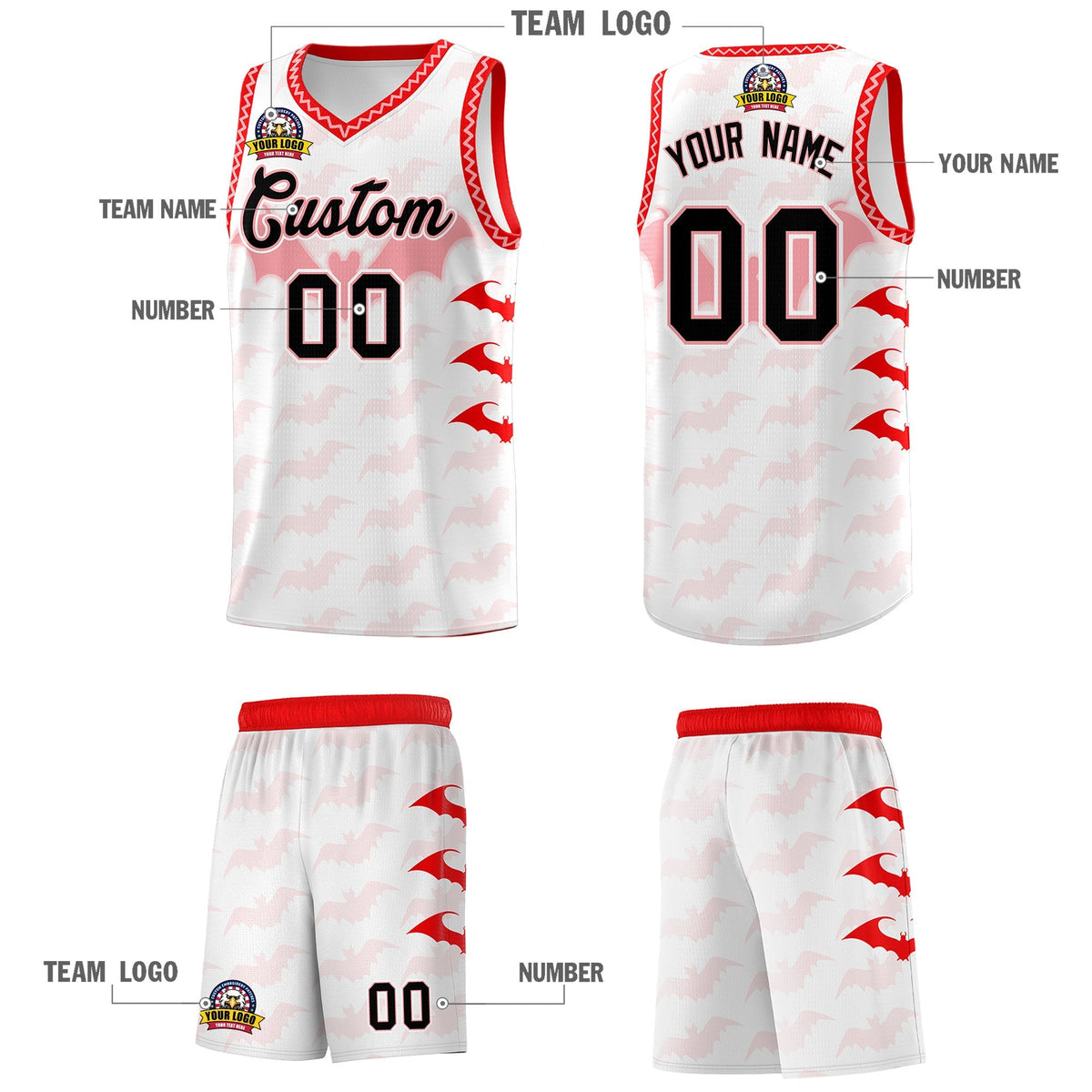 Custom White Light Pink Bat Pattern Halloween Basketball Jersey | For Men,For Kid,For Youth,Sublimation Printed,Perfect for Training,Perfect for Parties,Add Name and Numbern | KXKSHOP