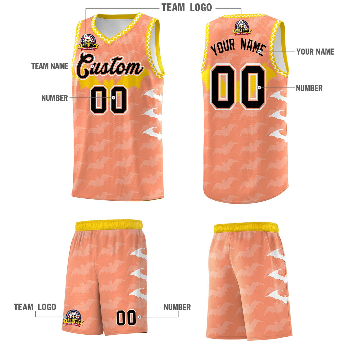 Custom Light Orange White Bat Pattern Halloween Basketball Jersey | For Men,For Kid,For Youth,Sublimation Printed,Perfect for Training,Perfect for Parties,Add Name and Numbern | KXKSHOP