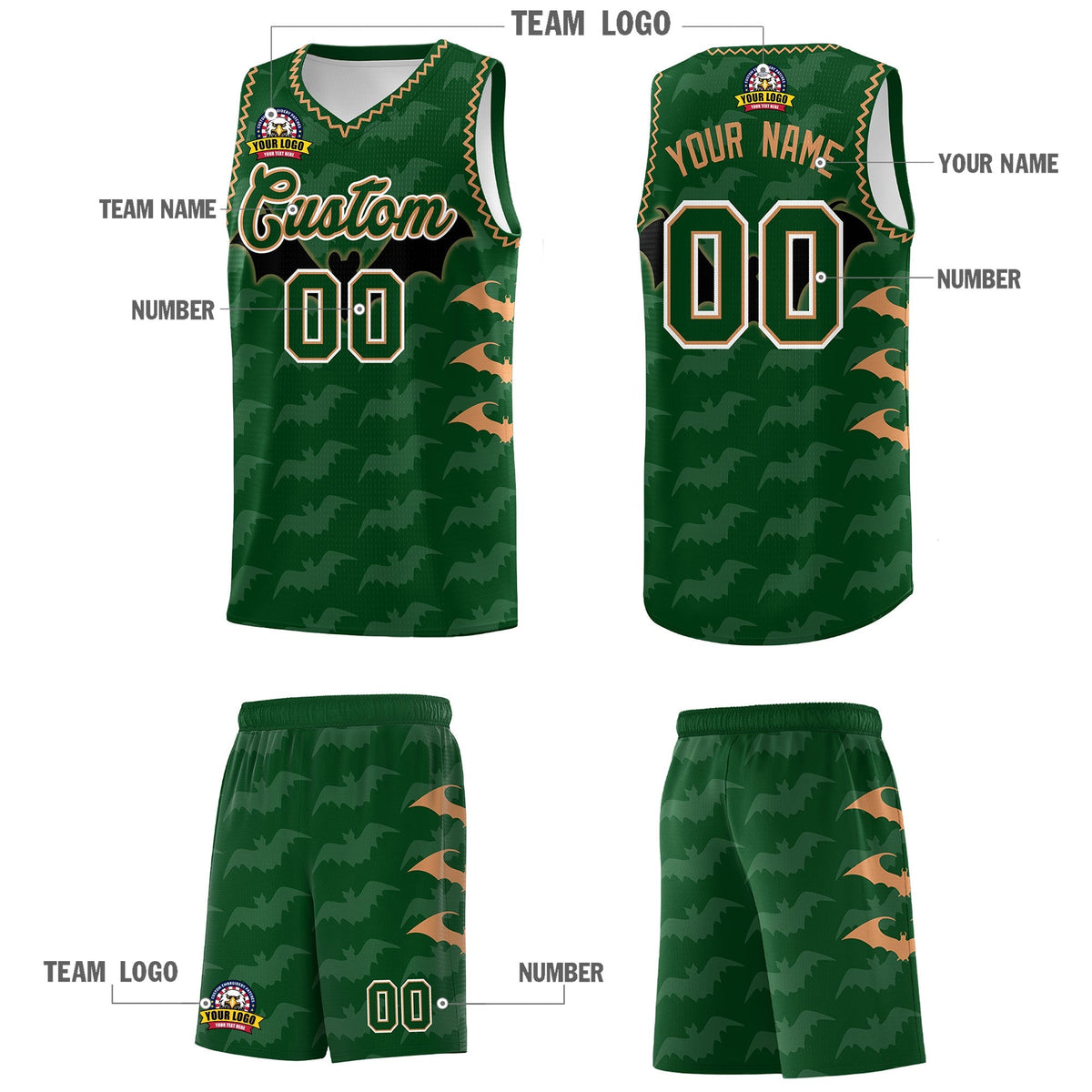 Custom Green Buckskin Brown Bat Pattern Halloween Basketball Jersey | For Men,For Kid,For Youth,Sublimation Printed,Perfect for Training,Perfect for Parties,Add Name and Numbern | KXKSHOP