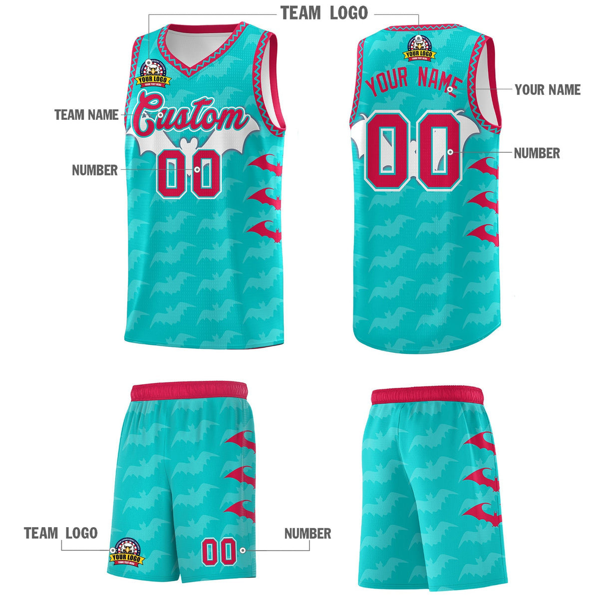 Custom Aqua White Red Bat Pattern Halloween Basketball Jersey | For Men,For Kid,For Youth,Sublimation Printed,Perfect for Training,Perfect for Parties,Add Name and Numbern | KXKSHOP