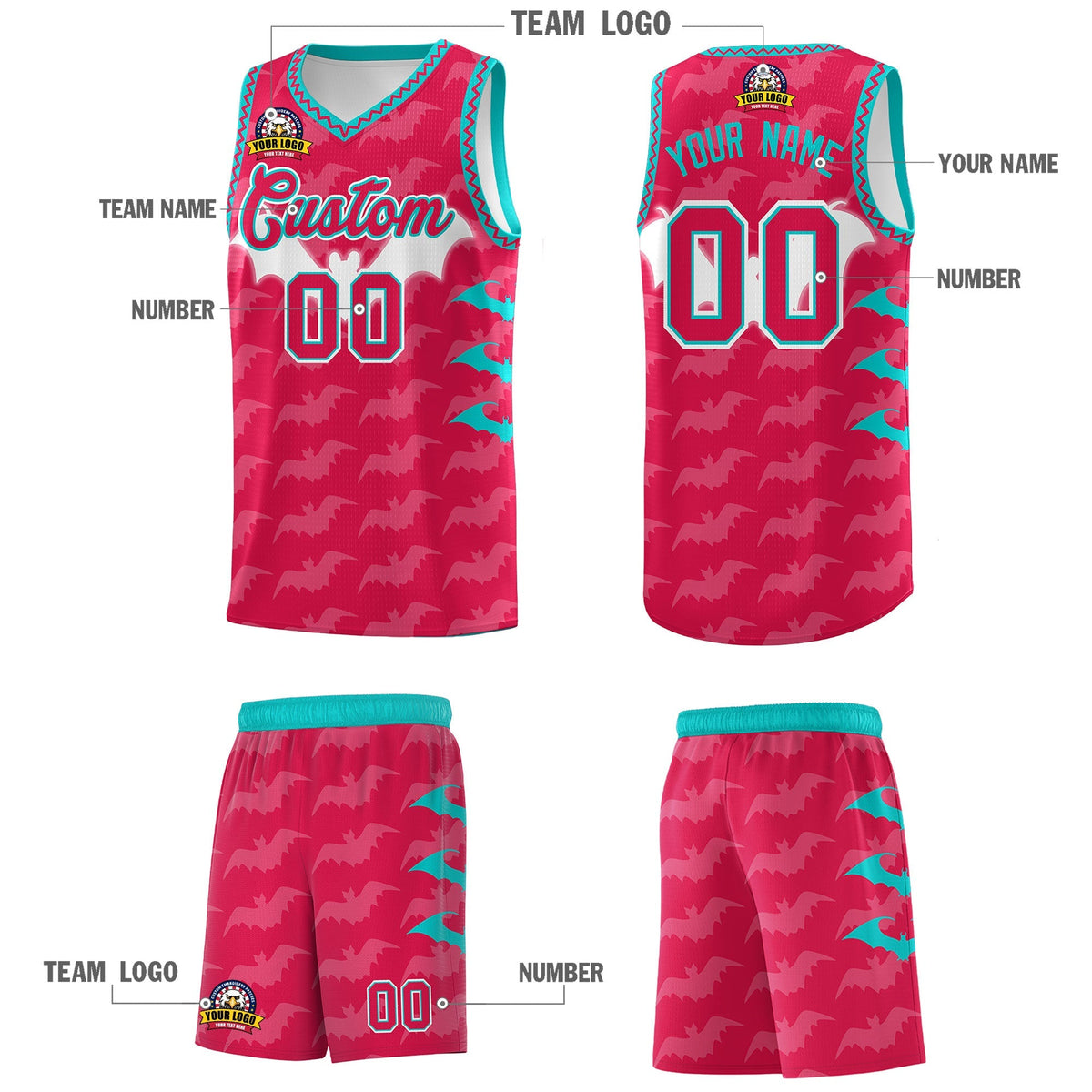 Custom Red White Aqua Bat Pattern Halloween Basketball Jersey | For Men,For Kid,For Youth,Sublimation Printed,Perfect for Training,Perfect for Parties,Add Name and Numbern | KXKSHOP