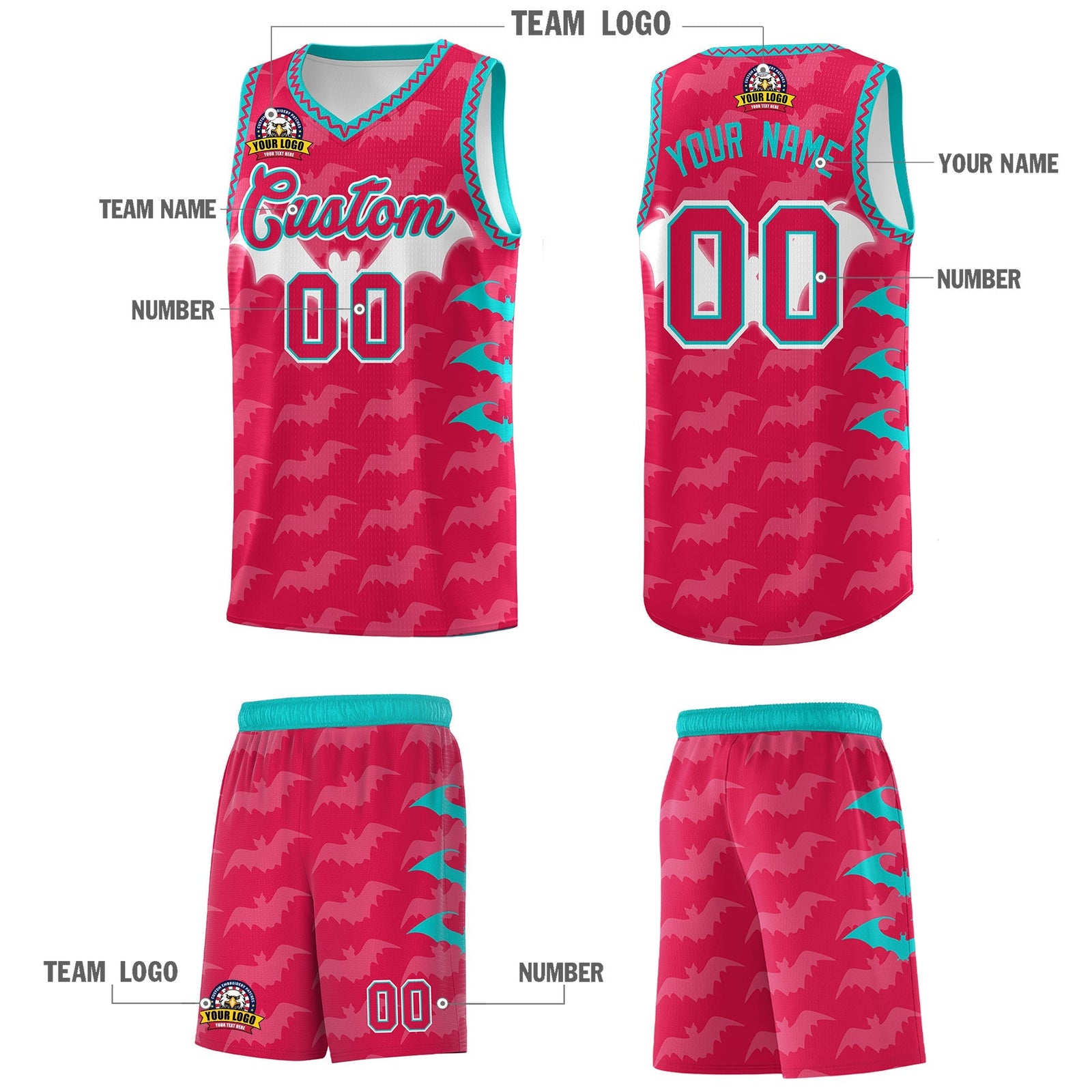 Custom Red White Aqua Bat Pattern Halloween Basketball Jersey | For Men,For Kid,For Youth,Sublimation Printed,Perfect for Training,Perfect for Parties,Add Name and Numbern | KXKSHOP