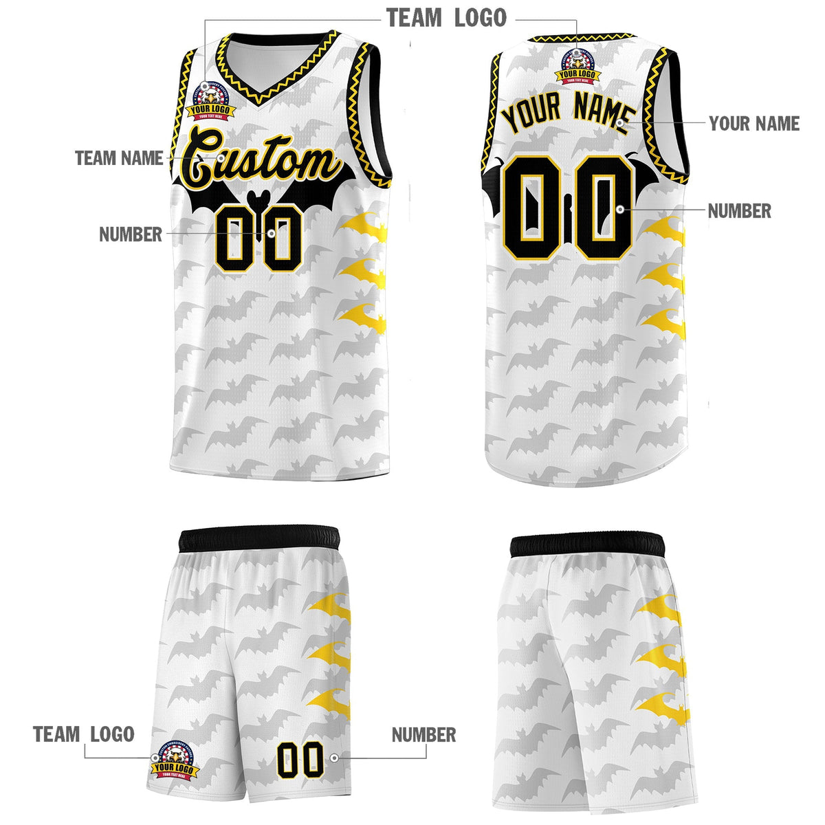 Custom White Gold Black Bat Pattern Halloween Basketball Jersey | For Men,For Kid,For Youth,Sublimation Printed,Perfect for Training,Perfect for Parties,Add Name and Numbern | KXKSHOP