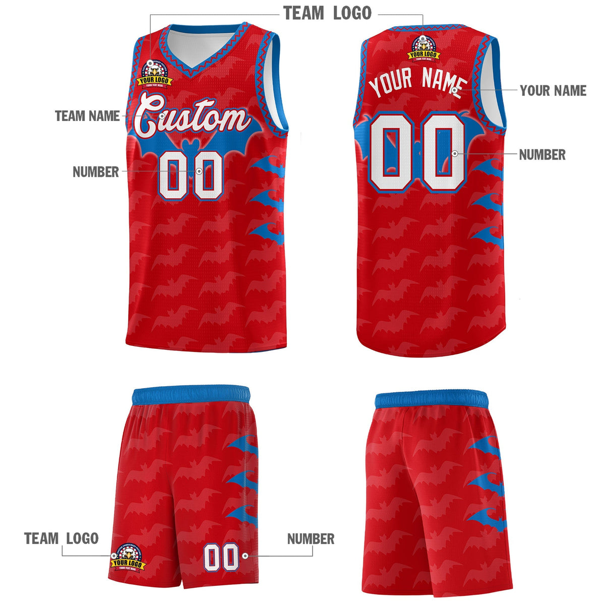 Custom Red Royal White Bat Pattern Halloween Basketball Jersey | For Men,For Kid,For Youth,Sublimation Printed,Perfect for Training,Perfect for Parties,Add Name and Numbern | KXKSHOP