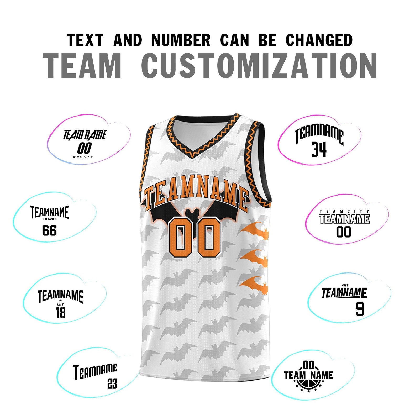 Custom White Black Bat Pattern Halloween Basketball Jersey | For Men,For Kid,For Youth,Sublimation Printed,Perfect for Training,Perfect for Parties,Add Name and Numbern | KXKSHOP