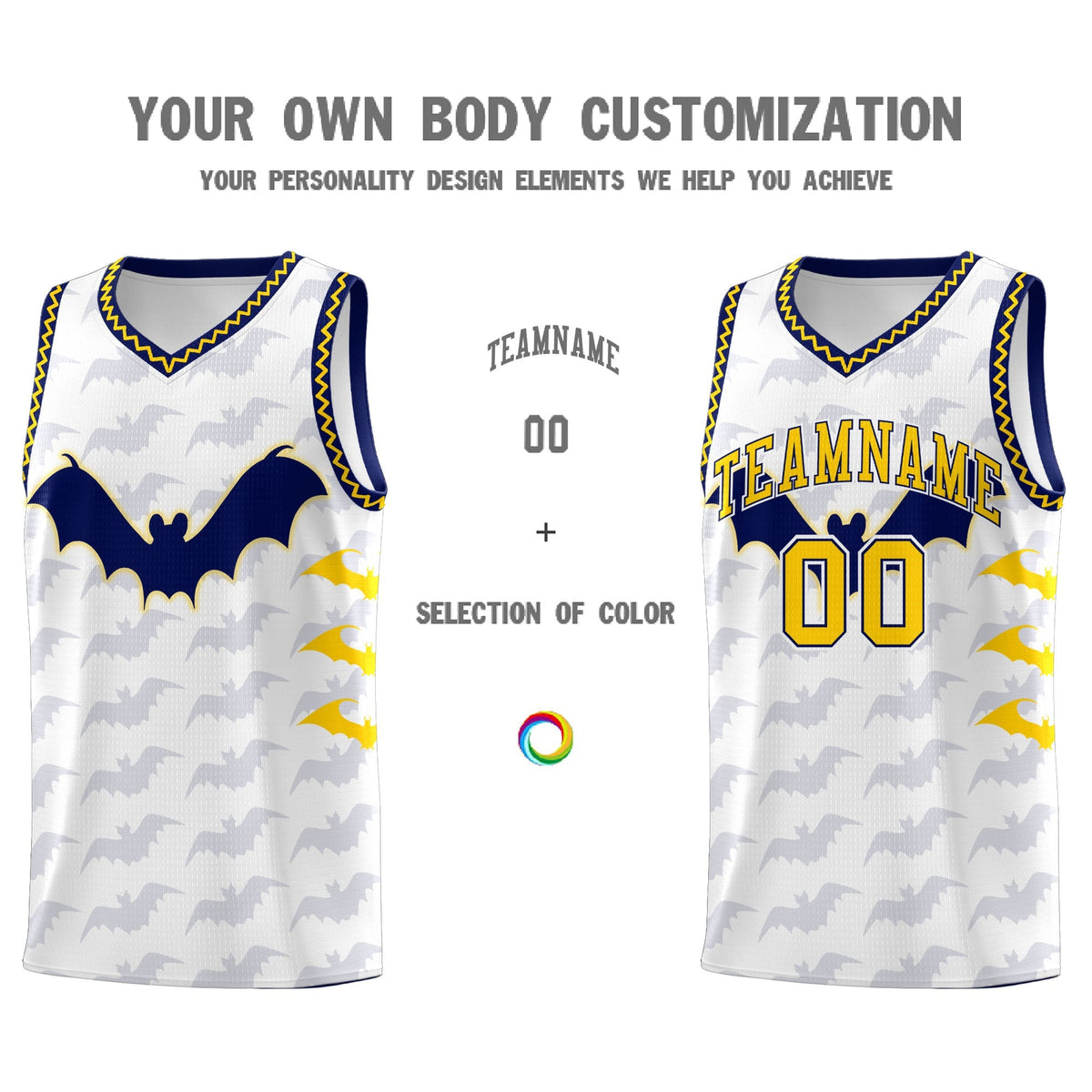 Custom White Gold Navy Bat Pattern Halloween Basketball Jersey | For Men,For Kid,For Youth,Sublimation Printed,Perfect for Training,Perfect for Parties,Add Name and Numbern | KXKSHOP