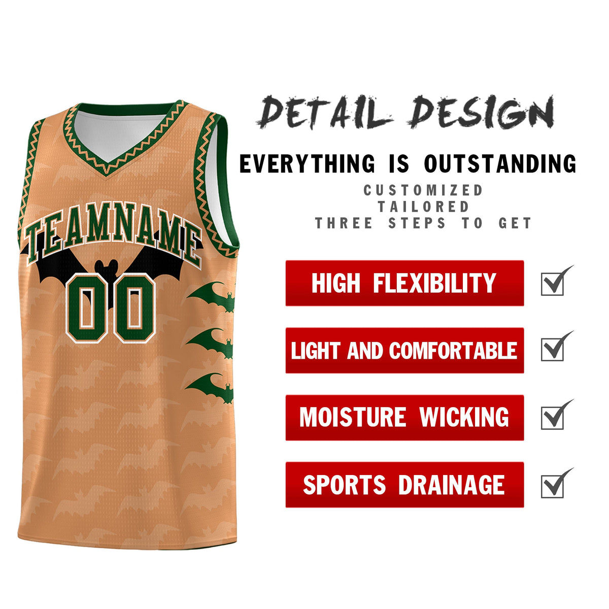 Custom Buckskin Brown Bat Pattern Halloween Basketball Jersey | For Men,For Kid,For Youth,Sublimation Printed,Perfect for Training,Perfect for Parties,Add Name and Numbern | KXKSHOP