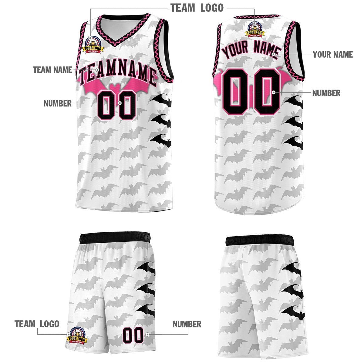 Custom White Black Pink Bat Pattern Halloween Basketball Jersey | For Men,For Kid,For Youth,Sublimation Printed,Perfect for Training,Perfect for Parties,Add Name and Numbern | KXKSHOP