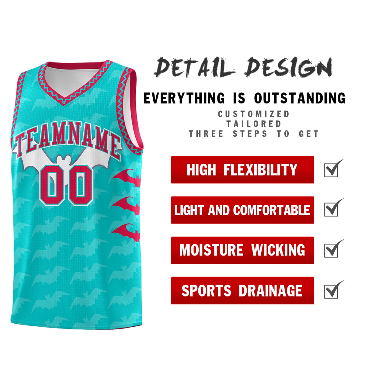 Custom Aqua White Red Bat Pattern Halloween Basketball Jersey | For Men,For Kid,For Youth,Sublimation Printed,Perfect for Training,Perfect for Parties,Add Name and Numbern | KXKSHOP