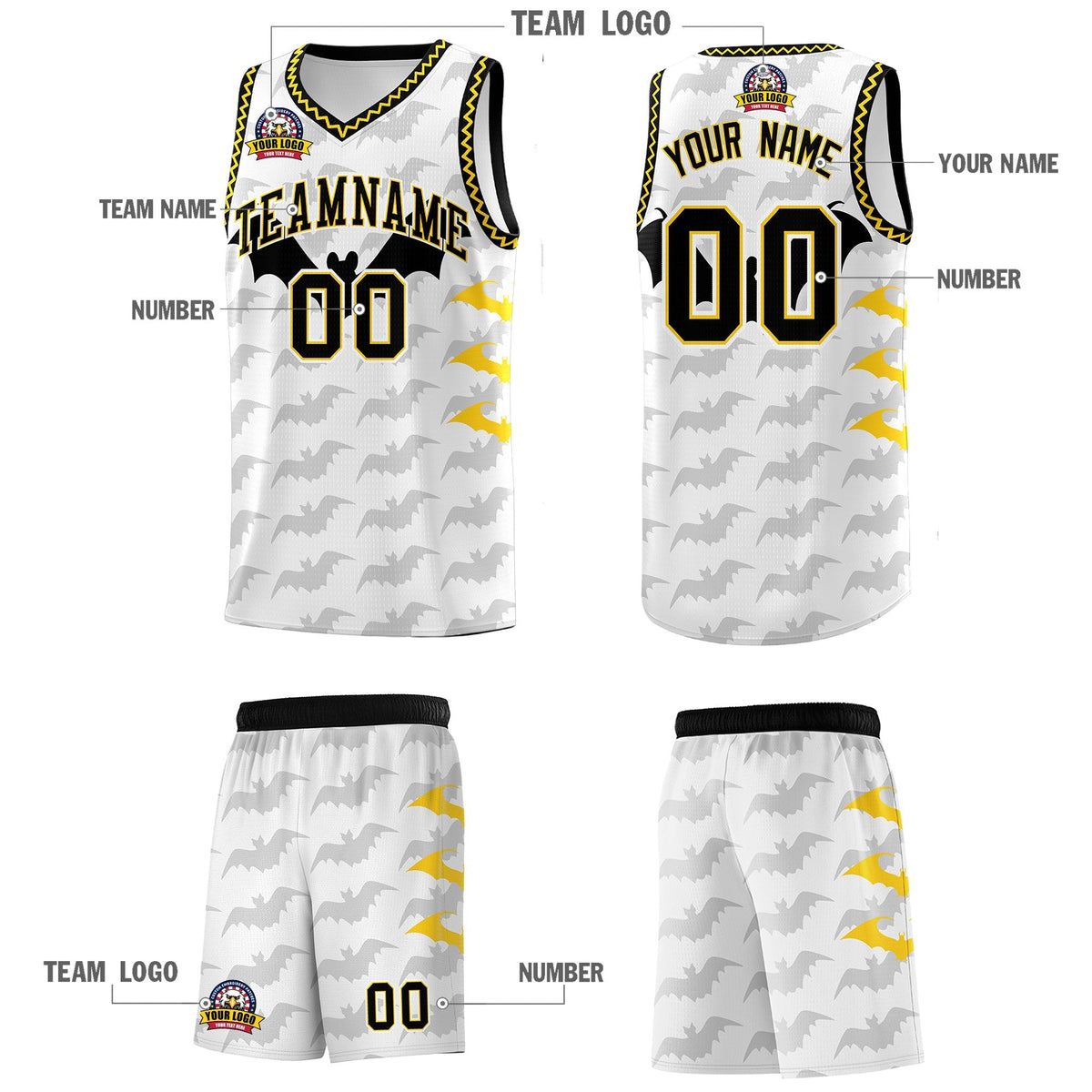 Custom White Gold Black Bat Pattern Halloween Basketball Jersey | For Men,For Kid,For Youth,Sublimation Printed,Perfect for Training,Perfect for Parties,Add Name and Numbern | KXKSHOP